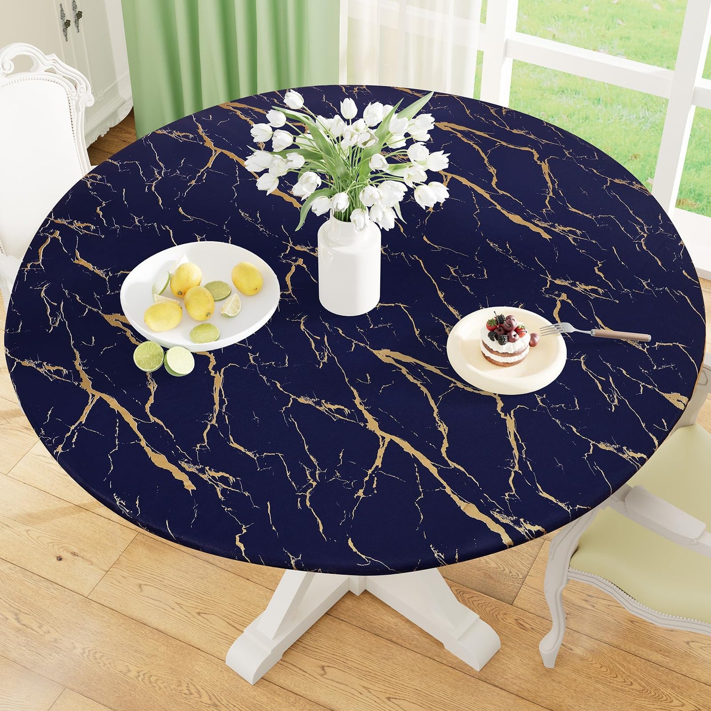 Round Fitted Tablecloth with Elastic Edge, 100% Waterproof Oil Proof Plastic Table Cover, Vinyl Flannel Backed Tablecloth Fits 36"-44" Round Tables for Dinner, Outdoor, Picnic, Oak Wooden Grain