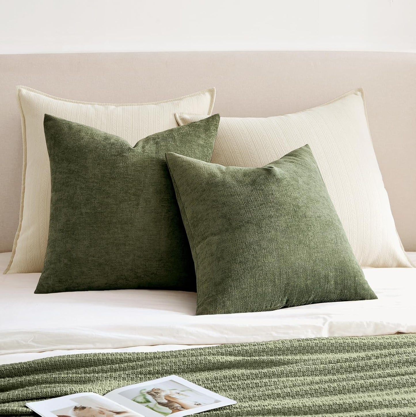 MIULEE Olive Green Chenille Couch Throw Pillow Covers, 18x18 | Set of 2, Soft Modern Farmhouse Style, Decorative Pillowcases for Sofa Living Room Bed, Home Decor