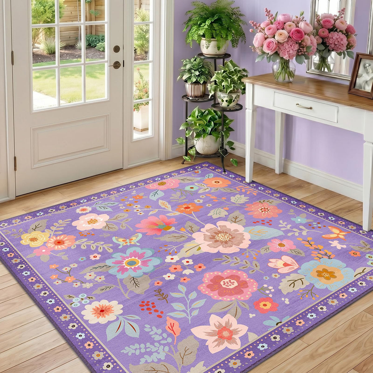 RELEANY Floral Washable 5x7 Area Rugs Beige/White/Orange | Flower Carpet, Print, Boho, Non-Slip, Easy to Clean, Soft, Low Pile for Living Room Bedroom Kitchen Office Entryway Hallway