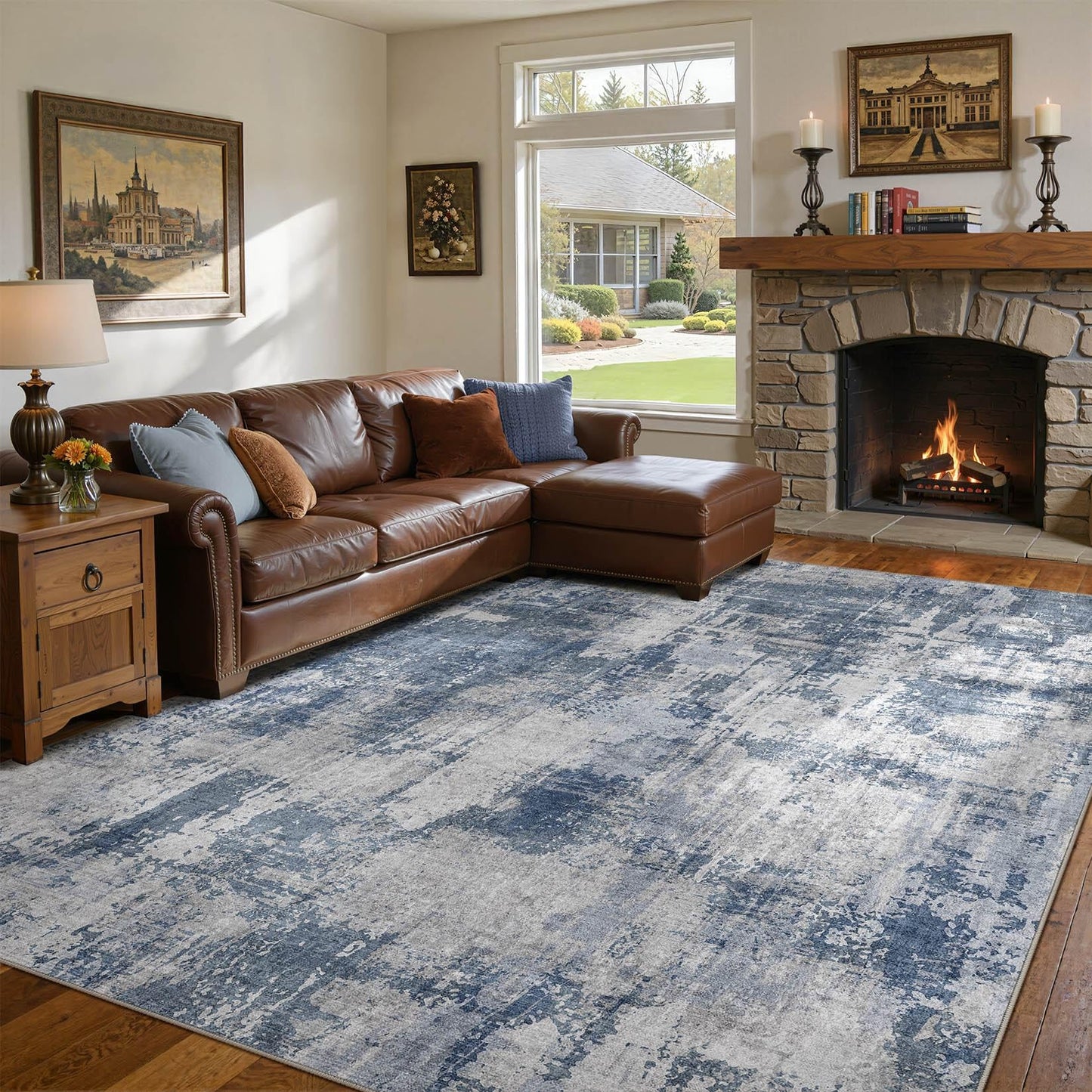 DMOYEST 8x10 Area Rug for Living Room Washable Abstract Indoor Carpet | Neutral Modern Low Pile Rugs Kid & Pet Friendly Large Soft Thin Carpet for Bedroom Dining Room - Grey Blue