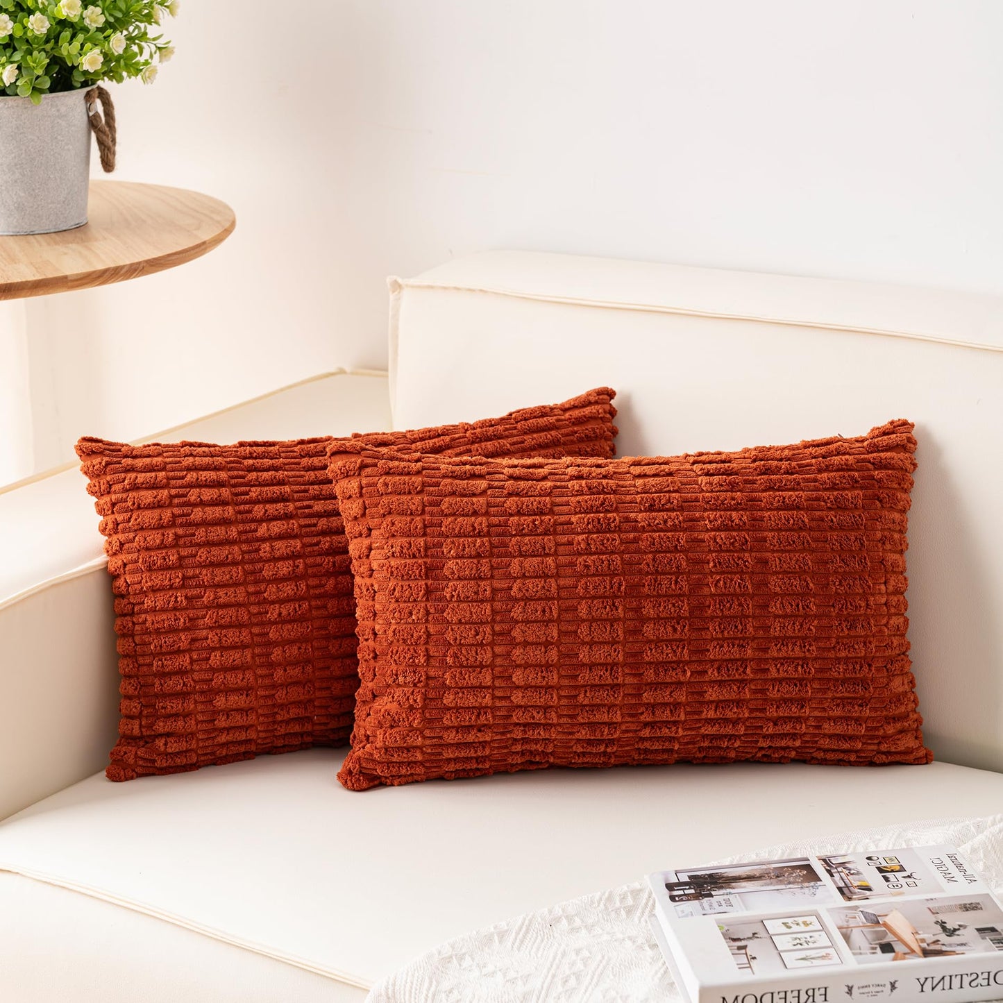 Pack of 2 Corduroy Decorative Throw Pillow Covers 18x18 Inch, Cream White | Fall Soft Striped Pillow Covers Modern Farmhouse Home Decor Christmas Throw Pillow Covers for Sofa Living Room Couch Bed ﻿