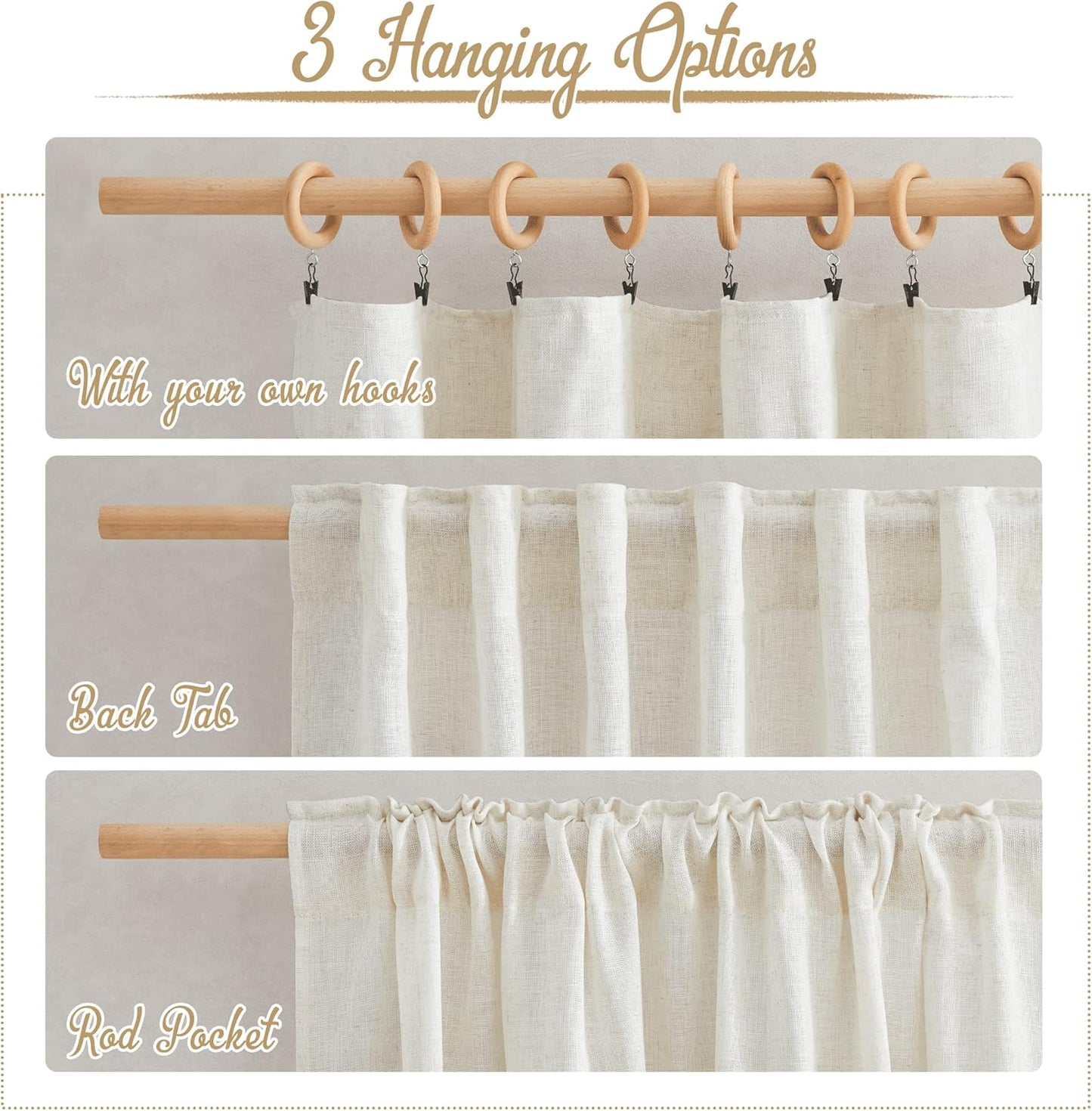NICETOWN Flax Linen Curtains 84 inch Long, Rod Pocket & Back Tab Semi Sheer Vertical Drapes Privacy Added with Light Filtering for Bedroom/Living Room, Burlap, W52 x L84, 2 Pieces