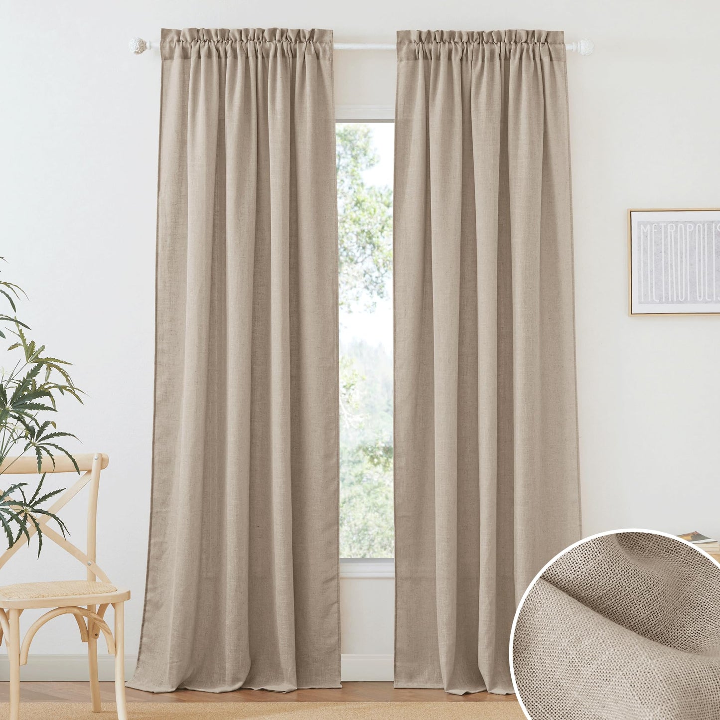 RYB HOME White Semi Sheer Curtains 84 inches Long for Living Room | Half Privacy, Linen Textured, Sheer Light Filtering, Vertical Window Drapes, for Bedroom Dining, White, W52 x L84, 2 Panels