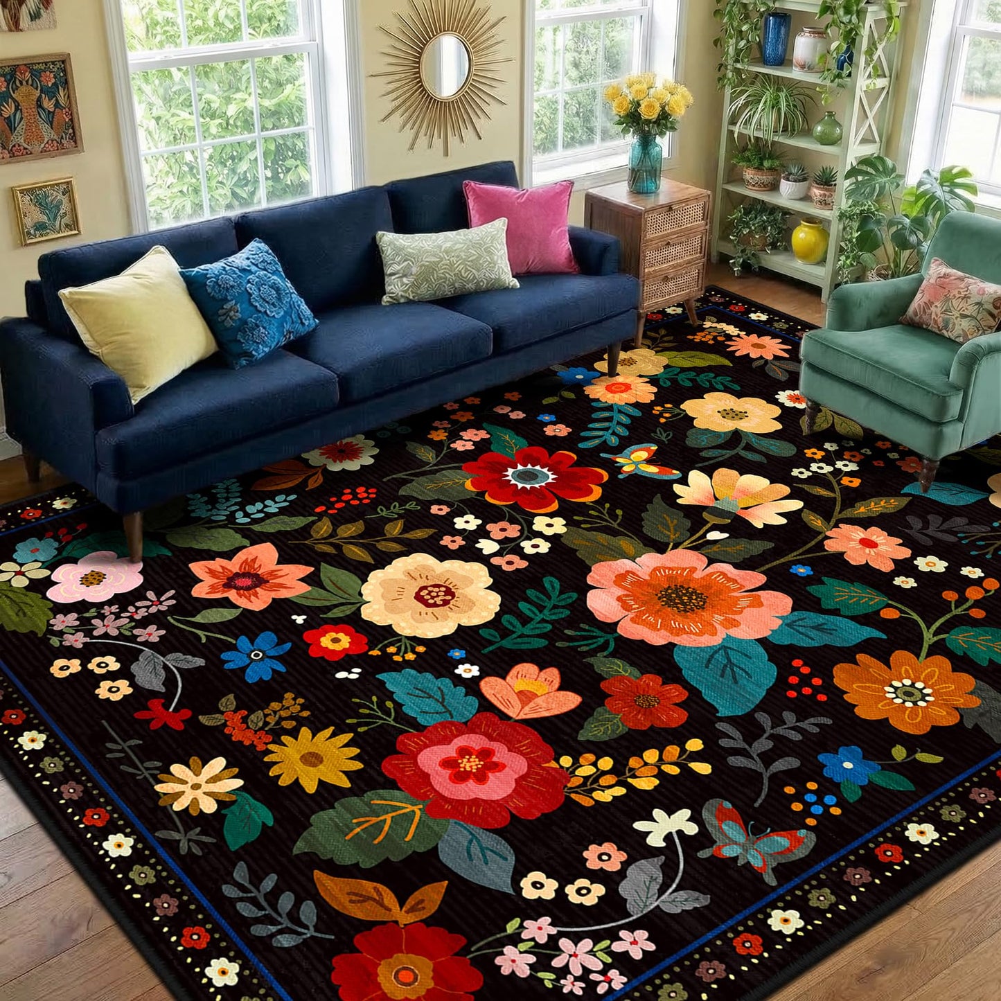 RELEANY Floral Washable 5x7 Area Rugs Black | Flower Carpet, Print, Boho, Non-Slip, Easy to Clean, Soft, Low Pile for Living Room Bedroom Kitchen Office Entryway Hallway