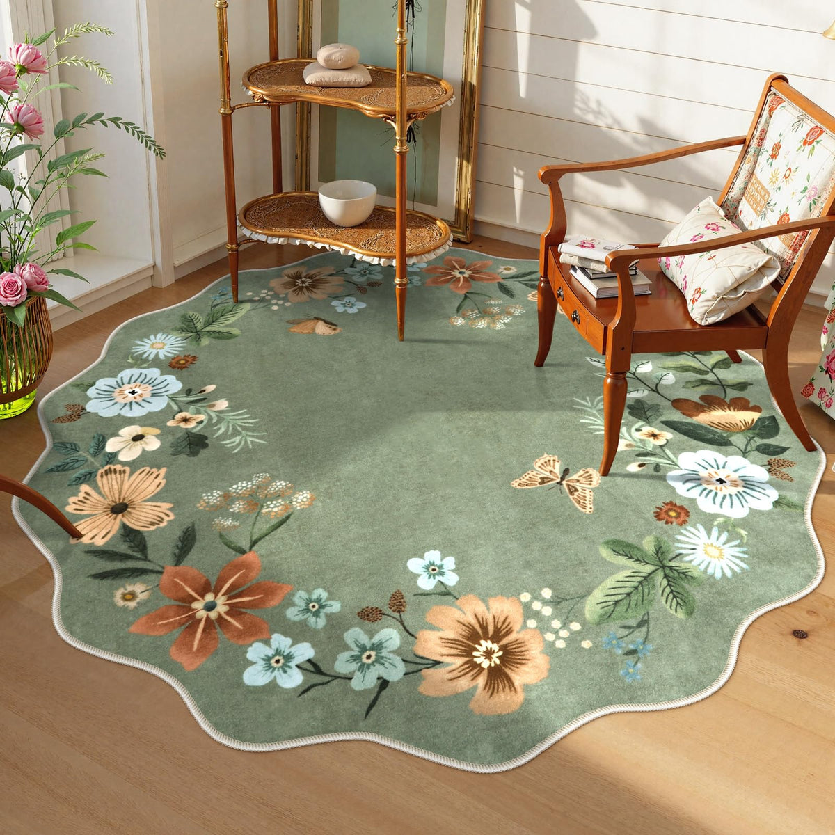 Lahome Floral Washable Living Room Rug, 5x7 Area Rugs for Bedroom Soft | Dining Room Rug Ultra-Thin Non Slip Stain Resistant Boho Low-Pile Throw Carpet for Office Flore (5x7ft, Beige)