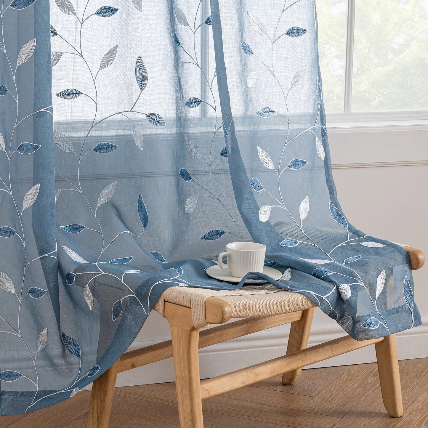 MIULEE Sage Green Sheer Curtains 2 Panels Leaf Patterned, W52 x L84 | Embroidered Floral Semi Sheer,Rod Pocket,Faux Linen,Short Window Curtains Drapes Set for Kitchen/Bathroom/Cafe