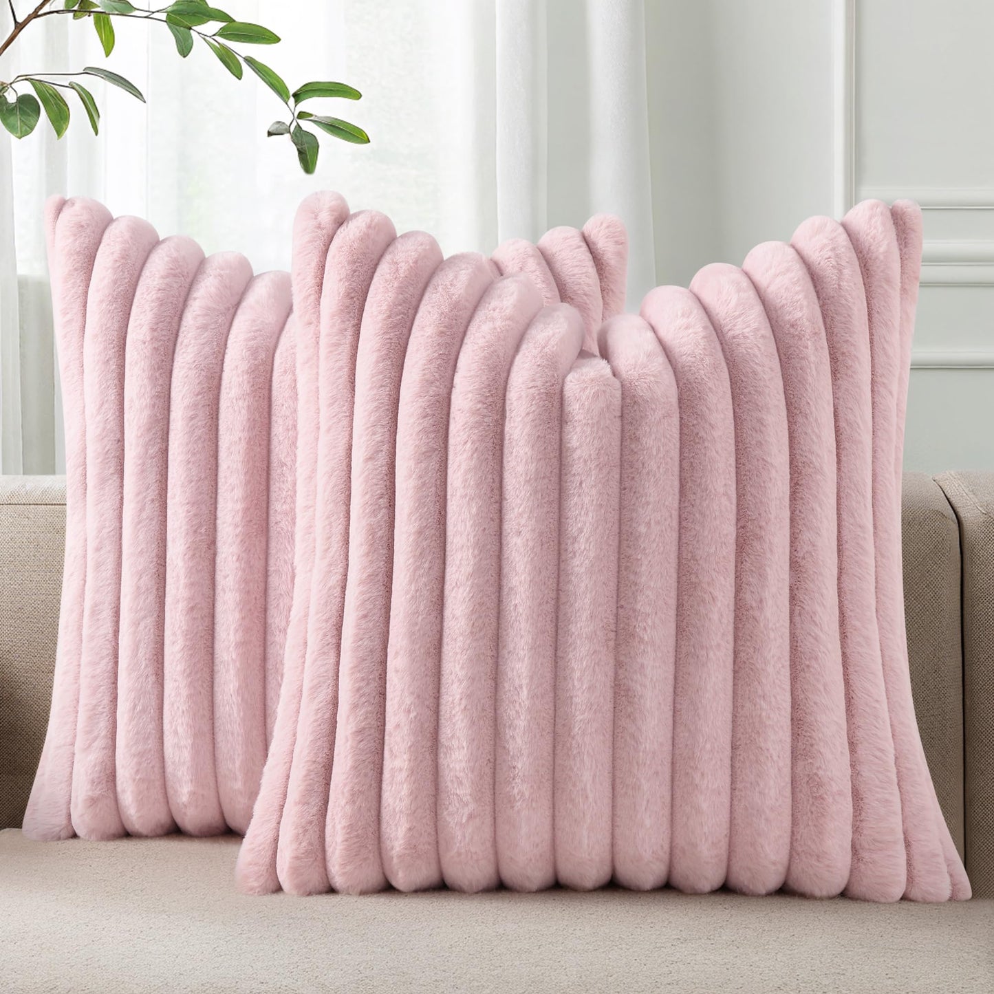 Pallene Faux Fur Decorative Throw Pillow Covers 18x18 Set of 2, Cream White | Luxury Plush Texture, Striped Design, Cozy Soft Touch, Modern Home Accent Decor for Couch, Sofa, Bed, Living Room