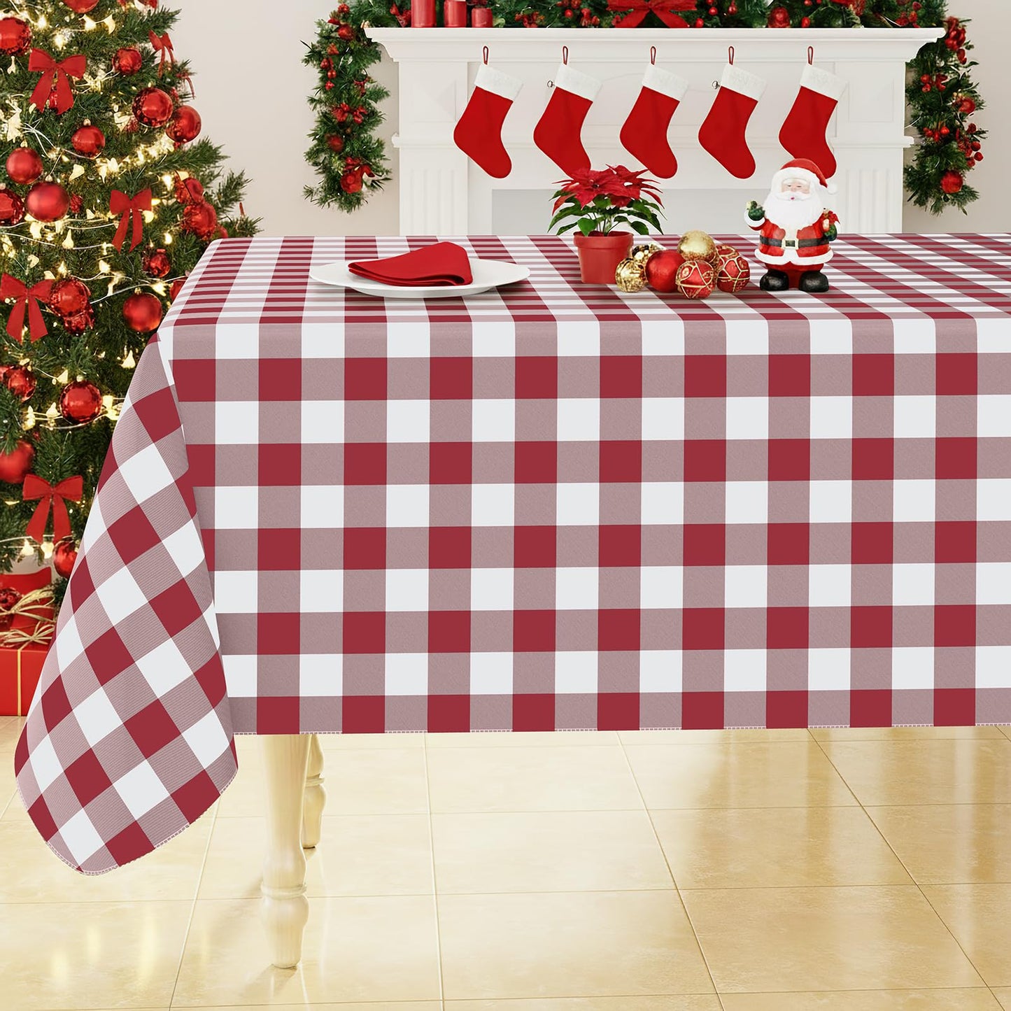 Smiry Picnic Table Cloth, Vinyl Tablecloths with Flannel Backing, 60"x84" | Waterproof Rectangle Table Cloth, Wipeable Buffalo Plaid Table Cover for Indoor and Outdoor (Khaki & White)