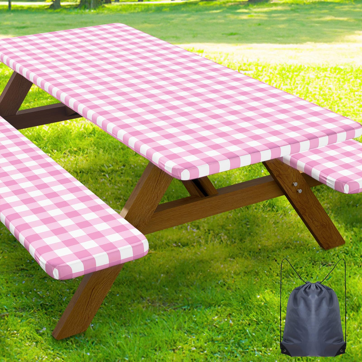 Smiry 6FT Picnic Table Cover with Bench Covers, Elastic Fitted Tablecloth | Waterproof Washable Rectangle Tablecloths ,Buffalo Plaid Tablecloth for Dining, Camping, Outdoor (Black & White, 30" x 72")