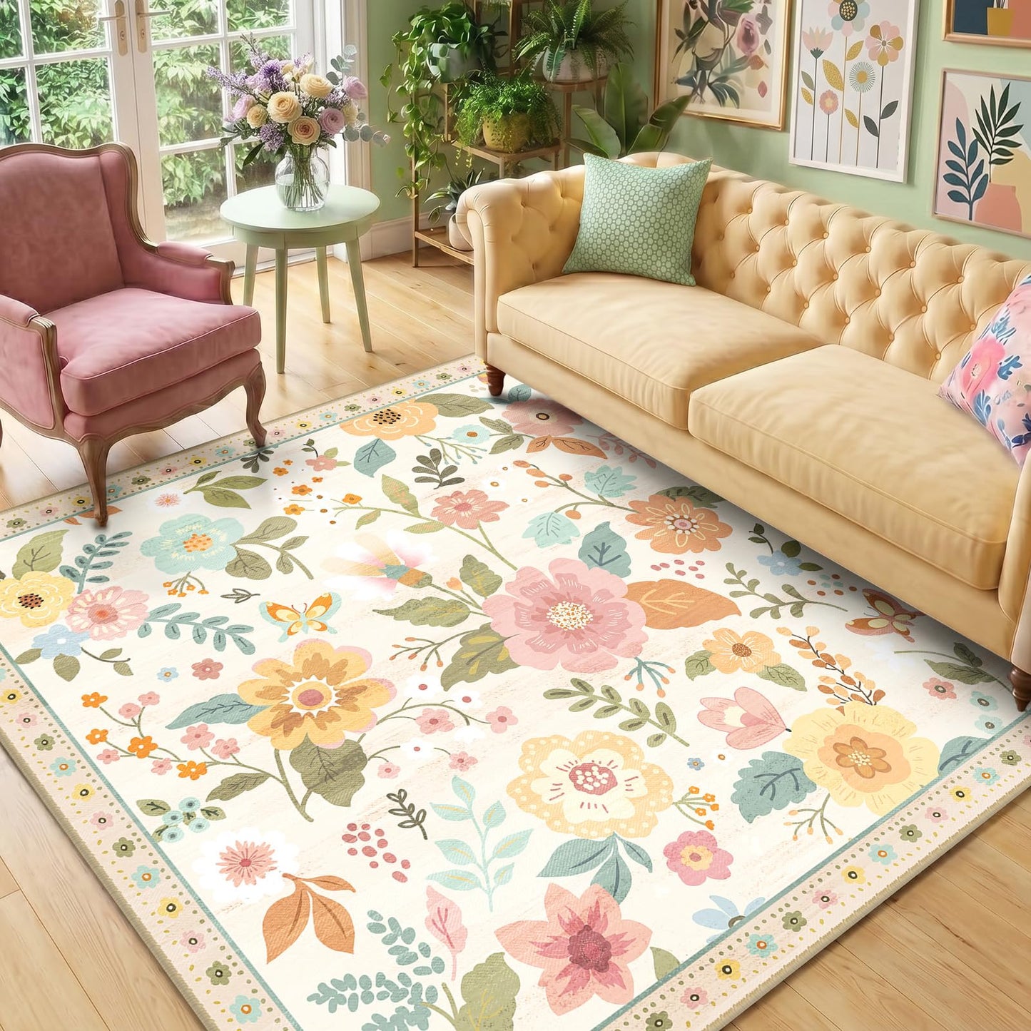 RELEANY Floral Washable 5x7 Area Rugs Black | Flower Carpet, Print, Boho, Non-Slip, Easy to Clean, Soft, Low Pile for Living Room Bedroom Kitchen Office Entryway Hallway