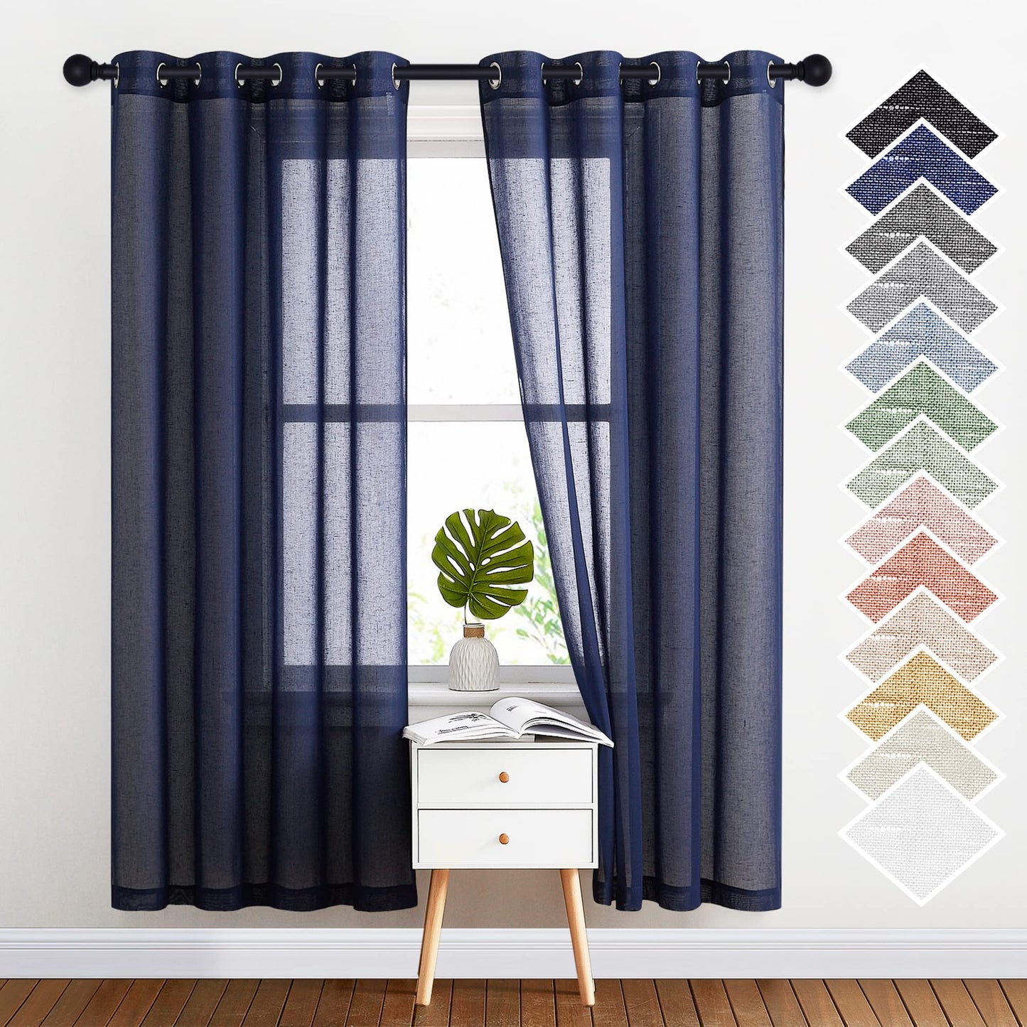 NICETOWN White Sheer Linen Curtains for Living Room 84 inch Length 2 Panels Set, Grommet Semi Sheer Privacy with Light Filtering Flax Window Treatments for Bedroom, W52 x L84
