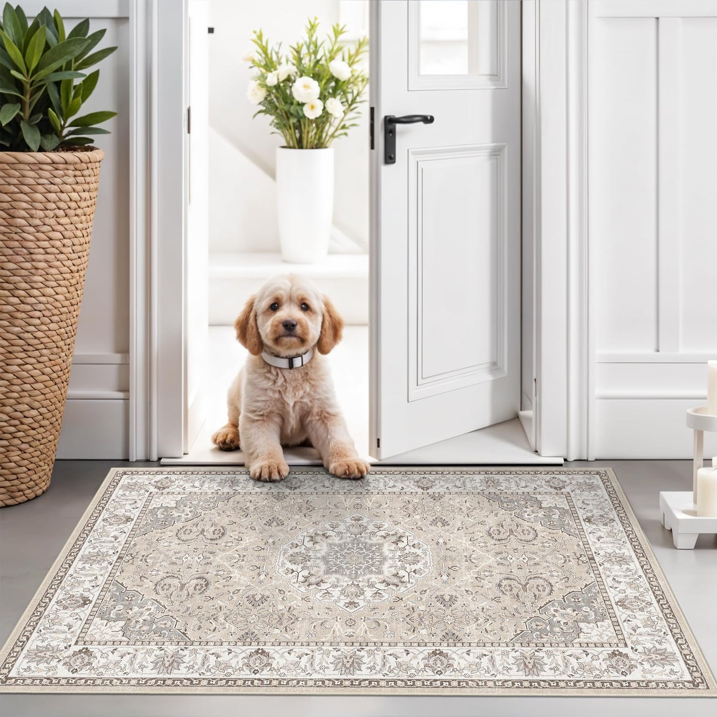 2x6 Hallway Washable Runner Rug : Vintage Soft Kitchen Laundry Runner with Non Slip Backing Farmhouse Entryway Living Room Floor Mat Stain Resistant Carpet for Bedroom Bathroom Distressed Beside Rug
