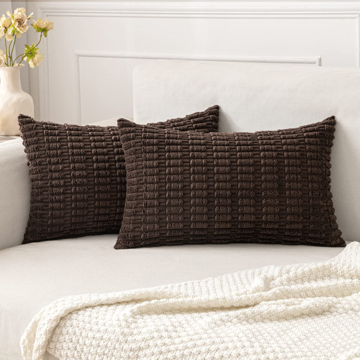 MIULEE Corduroy Decorative Throw Pillow Covers 18x18 Cream White Pack of 2 | Soft Boho Striped Pillow Covers Modern Farmhouse Home Decor For Sofa Living Room Couch Bed