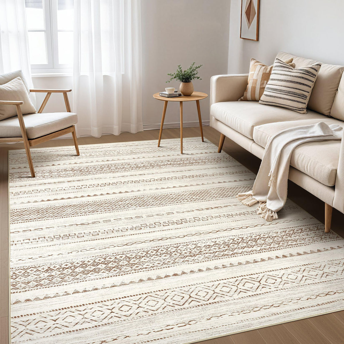 Nakagishi Boho 5x7 Area Rug Living Room Rugs Machine Washable Beige/Brown | Soft, Pet & Kid Friendly, Carpet for Living Room/Bedroom/Office/Kitchen/Nursery, Daily Home Decor Stain Resistant Moroccan