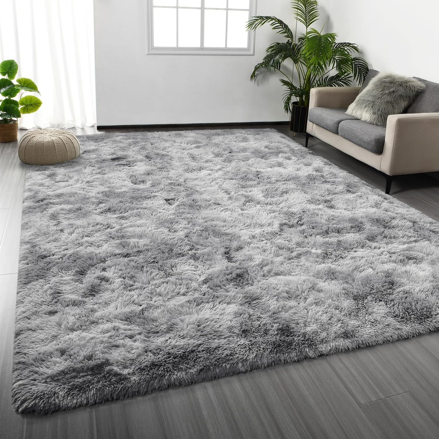 Deerhoo Large Shag Area Rugs 6 x 9, Light Grey | Tie-Dyed, Ultra Soft Plush Fuzzy,Washable, For Living Room, Bedroom, Indoor Carpet Nursery Kids Teen Home Decor