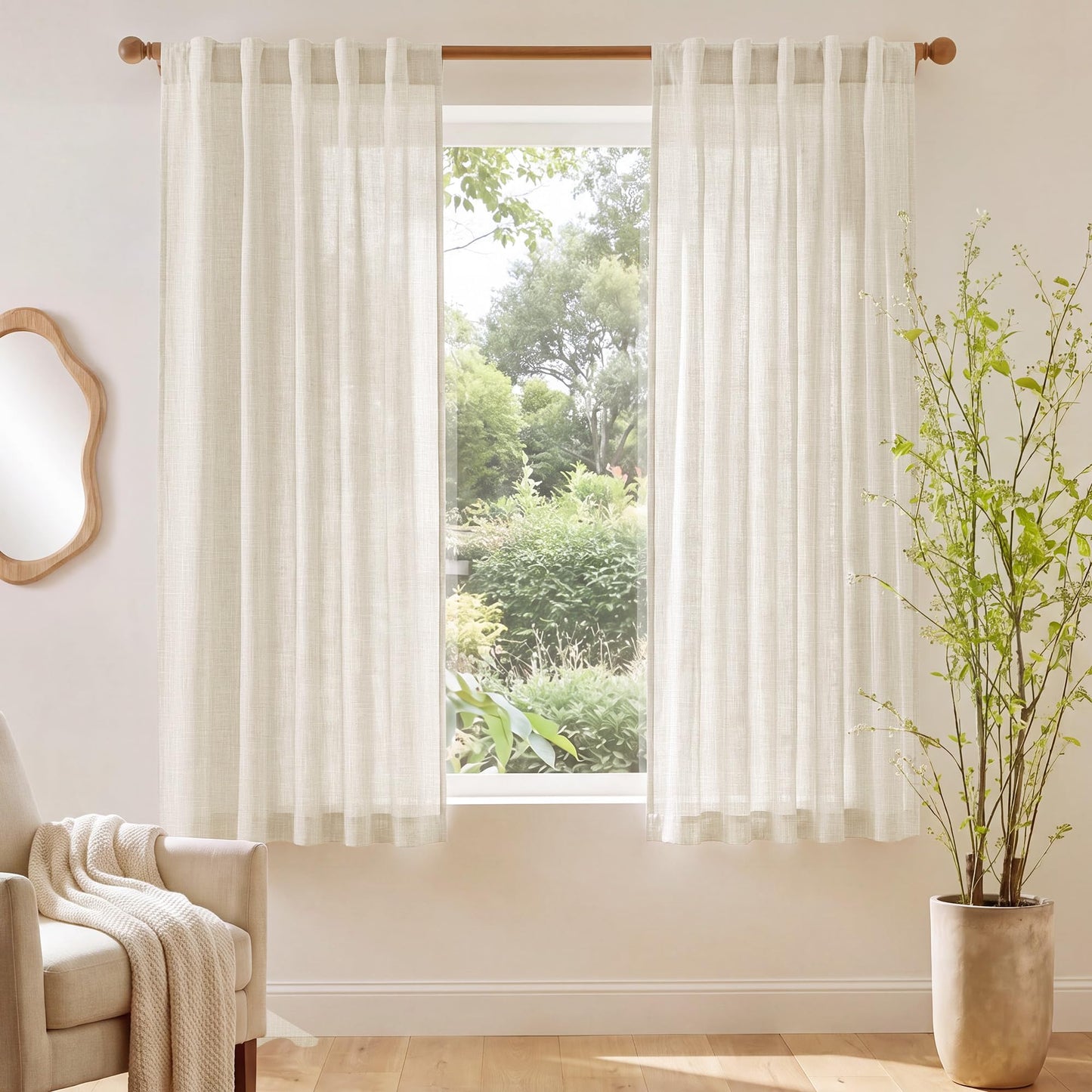 NICETOWN Semi Sheer White Curtains 84 inch Long, Rod Pocket & Back Tab Sheer Linen Curtains & Drapes Balance Privacy & Light Panels for Bedroom/Living Room, W52 x L84, 2 Panels