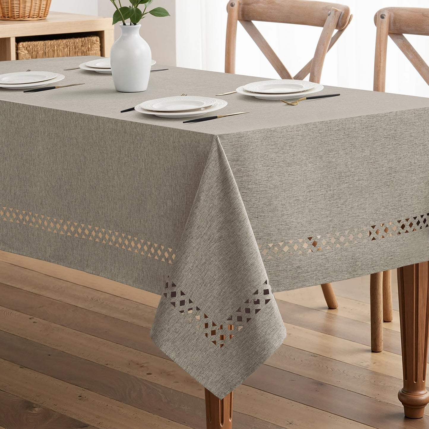 MIULEE Beige Rectangle Tablecloth with Decorative Cutouts 52x70 Inch | Waterproof Stain Resistant & Shrink-Proof Table Cloth, Farmhouse Style, for Dining Wedding Kitchen Party Outdoor