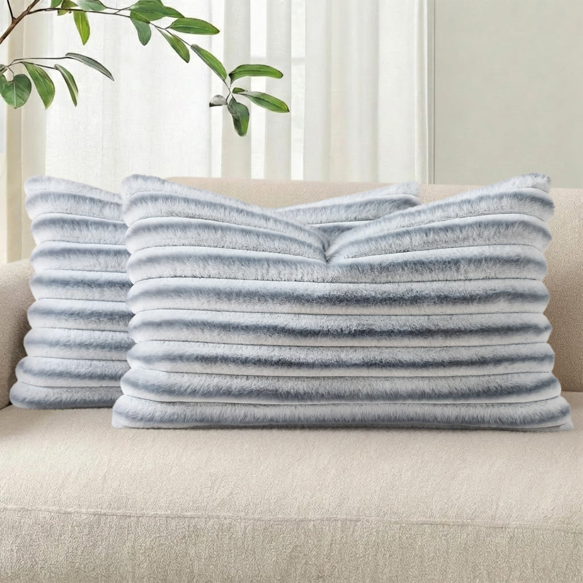 Pallene Faux Fur Decorative Throw Pillow Covers 18x18 Set of 2, Cream White | Luxury Plush Texture, Striped Design, Cozy Soft Touch, Modern Home Accent Decor for Couch, Sofa, Bed, Living Room