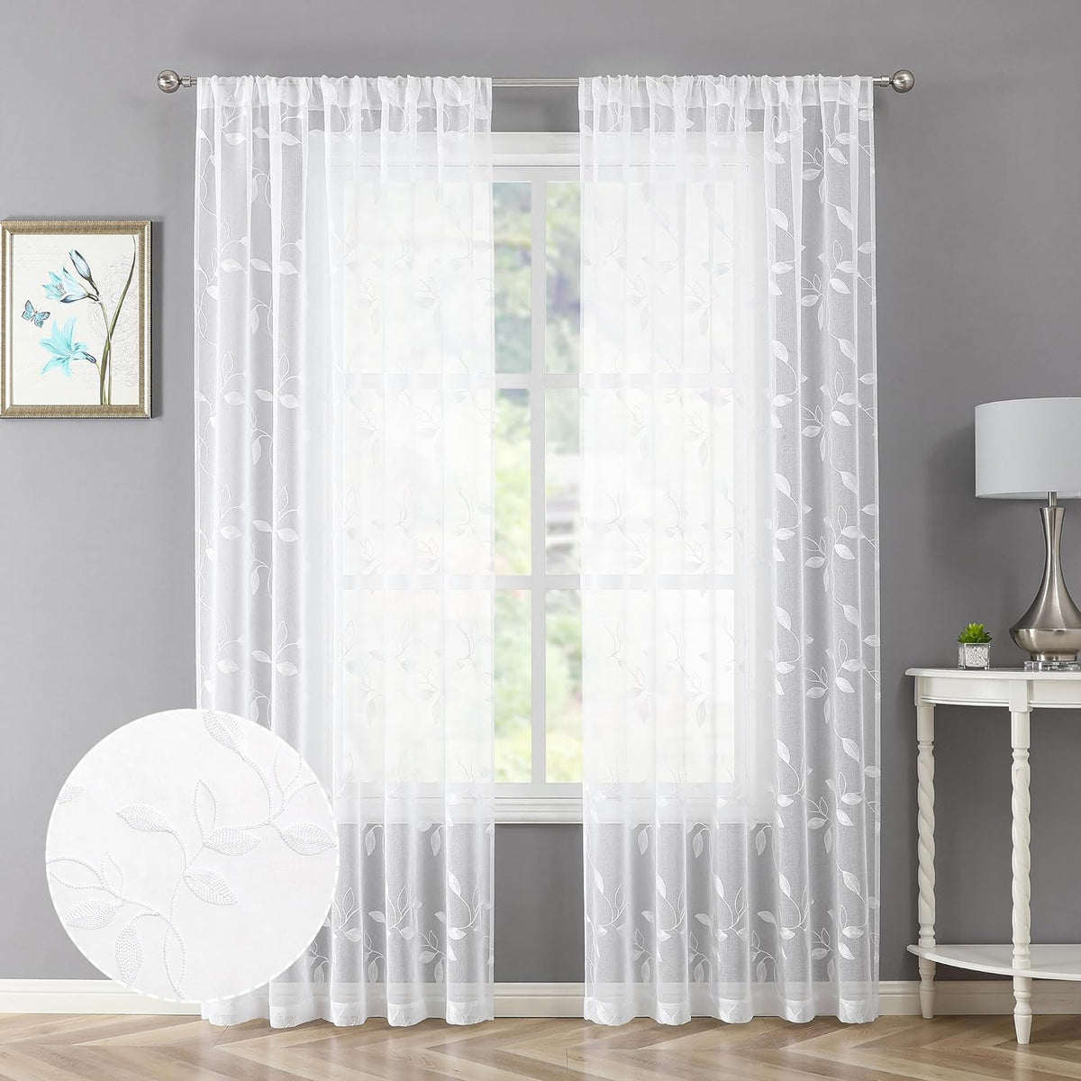 Tollpiz White Leaf Sheer Curtains Bedroom 54 x 84 Inches | Leaves Embroidered Curtain Rod Pocket Voile Window Treatment for Living Room, Set of 2 Panels