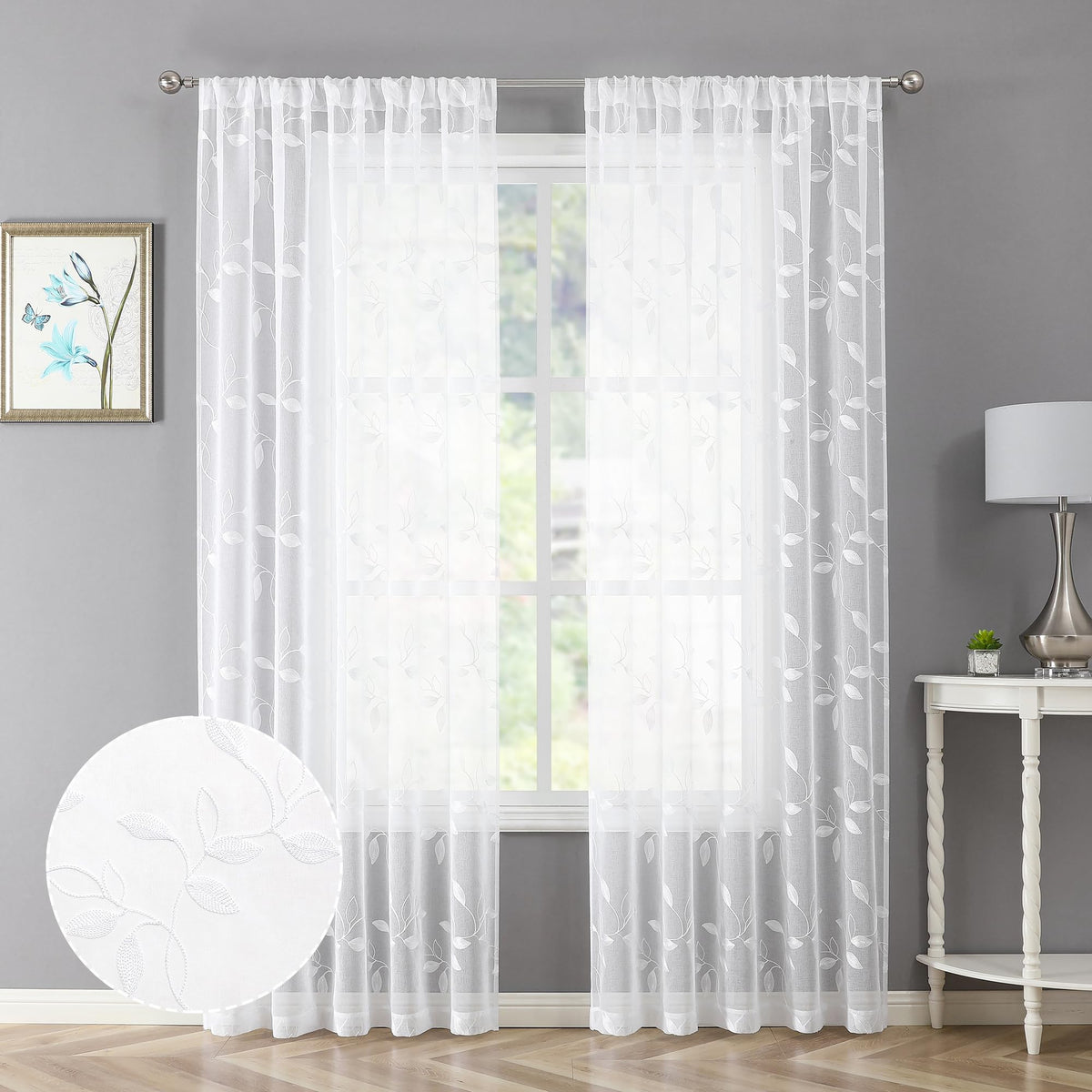 Tollpiz White Leaf Sheer Curtains Bedroom 54 x 84 Inches | Leaves Embroidered Curtain Rod Pocket Voile Window Treatment for Living Room, Set of 2 Panels
