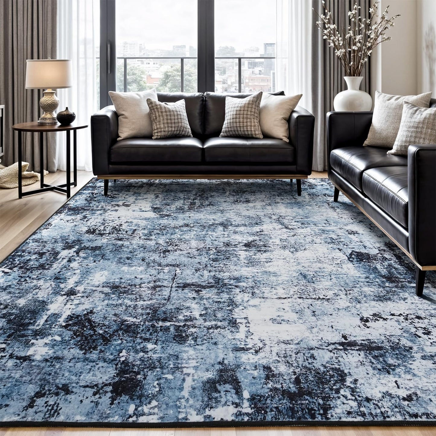 Rugflix 8x10 Area Rugs for Living Room, Washable Large Rug Stain-Resistant Low Pile, Modern Dark Carpet for Dining Room Home Office Kid Room Nursery Bedroom, Navy Blue/Black