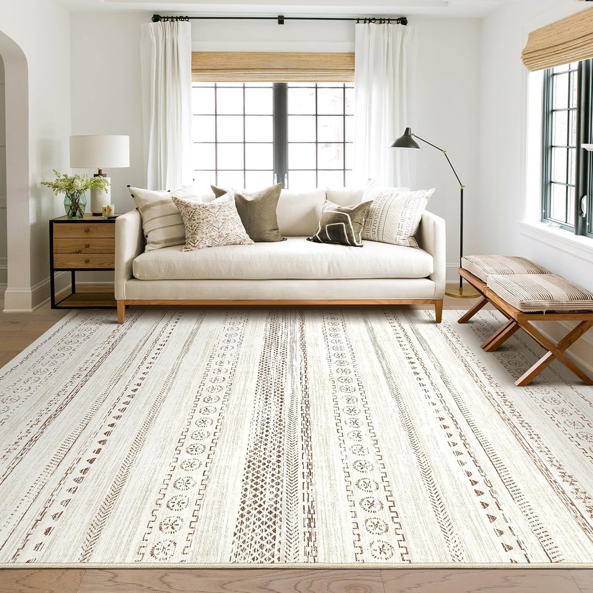 kakania 9x12 Washable Area Rug: Non Slip Soft Thin Carpet, Boho Geometric Modern Decor, Easy Clean Indoor Floor Large Rugs for Living Room Bedroom Kids Dorm Office Dining - Brown