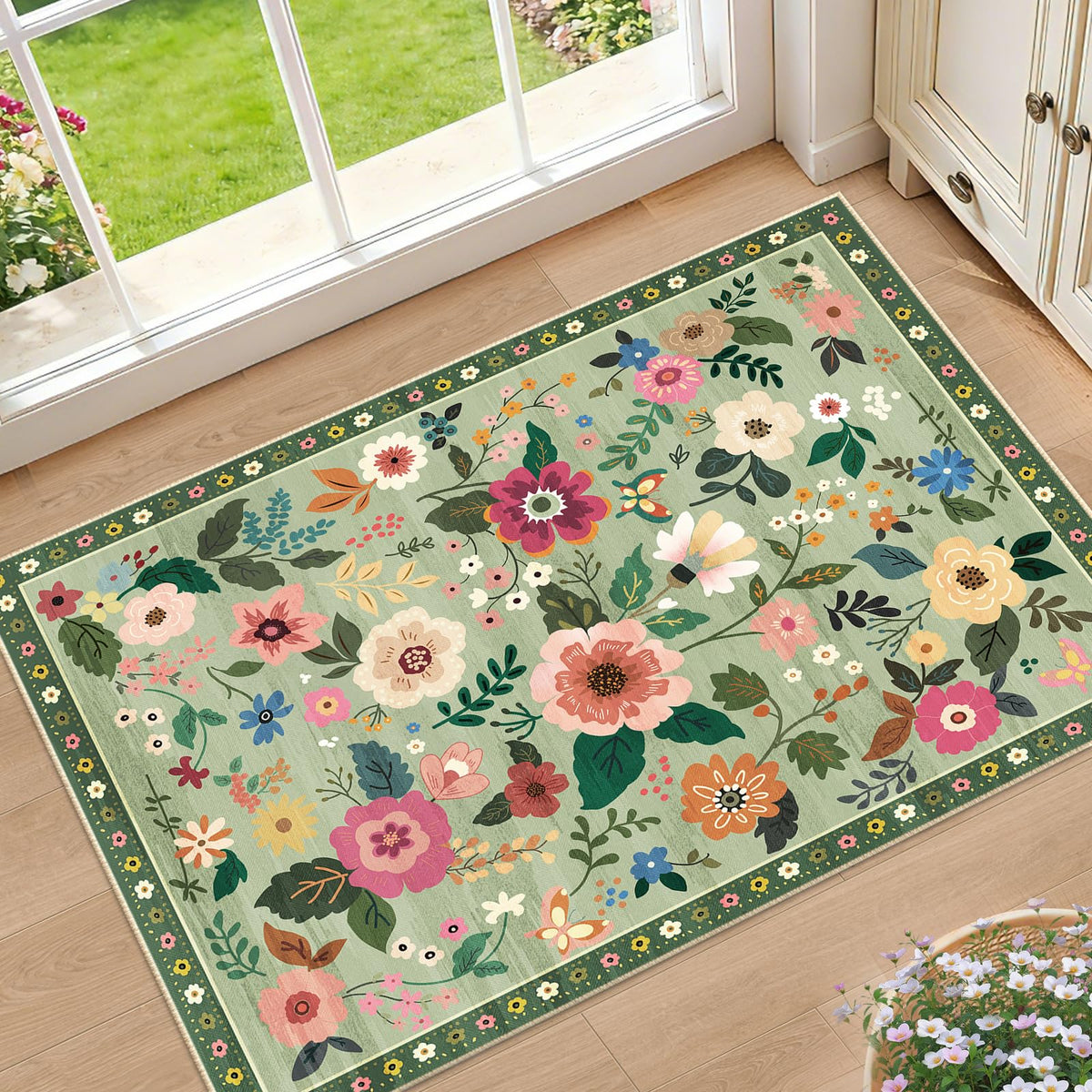 RELEANY Floral Washable 5x7 Area Rugs Black | Flower Carpet, Print, Boho, Non-Slip, Easy to Clean, Soft, Low Pile for Living Room Bedroom Kitchen Office Entryway Hallway