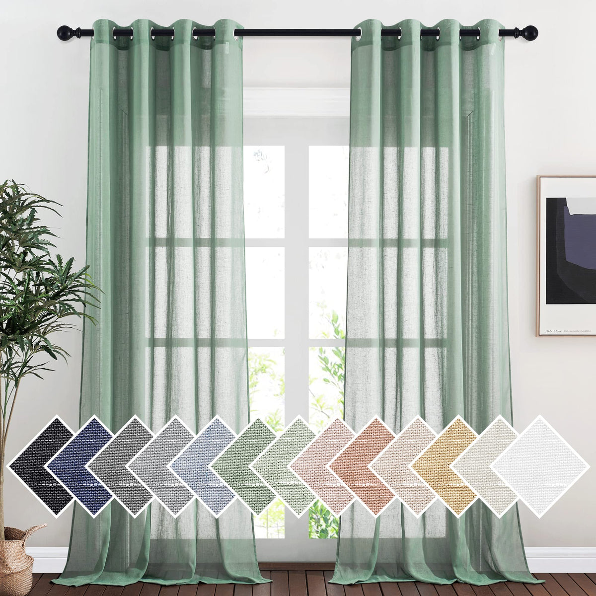 NICETOWN White Sheer Linen Curtains for Living Room 84 inch Length 2 Panels Set, Grommet Semi Sheer Privacy with Light Filtering Flax Window Treatments for Bedroom, W52 x L84