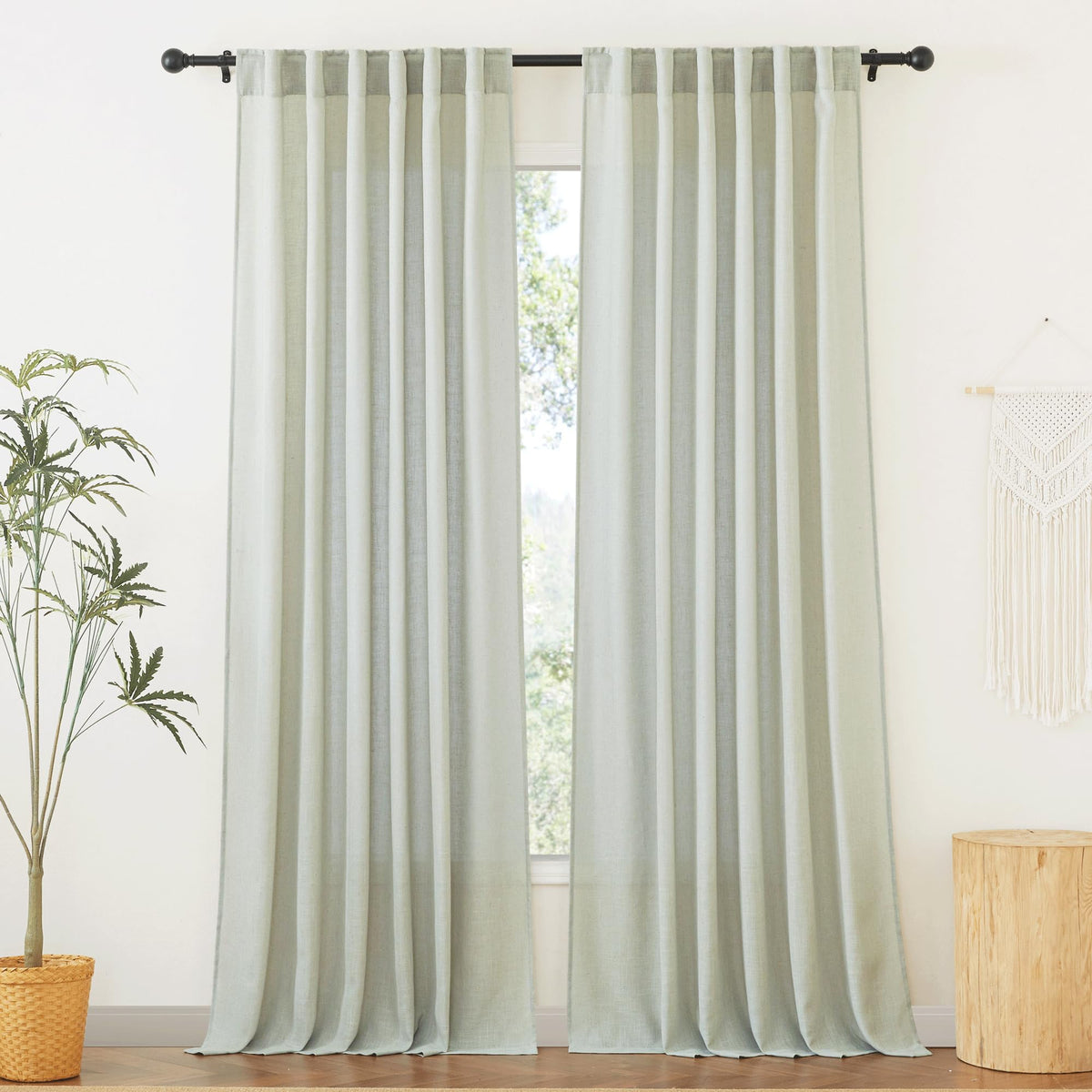 RYB HOME White Sheer Curtains for Living Room Patio Glass Door, W52 x L95 | Linen Texture, Light Filtering Privacy, Airy Translucent, Back Tab, Bedroom Office Balcony, W52 x L95, 2 Panels