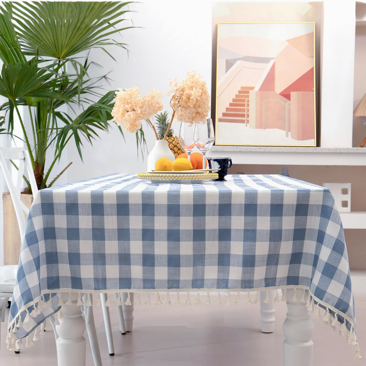 Midsummer Breeze Country Garden Green Gingham Tablecloth Rectangle 55”x84” | tassel, spring, easter, summer, picnic, outdoor, checkered, fresh, camping, Christmas, washable, wrinkle free, reusable