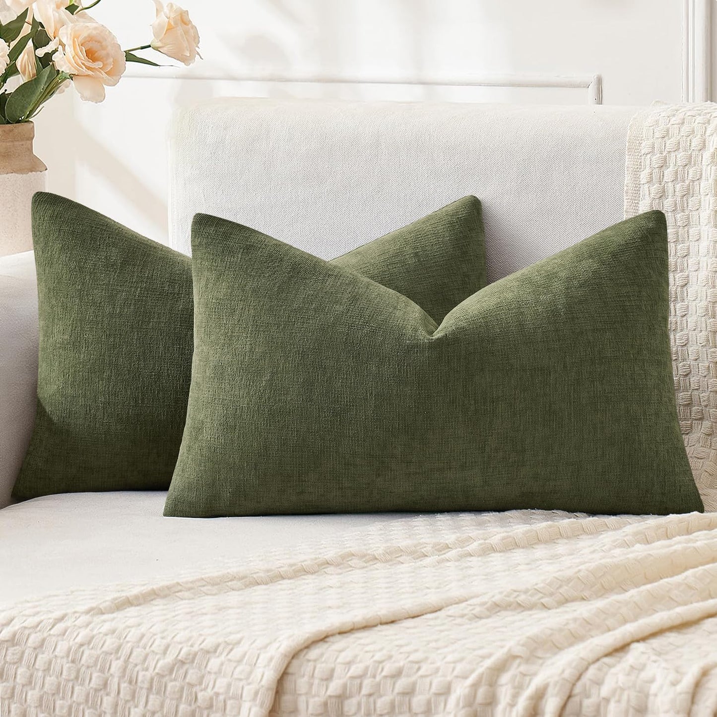 MIULEE Olive Green Chenille Couch Throw Pillow Covers, 18x18 | Set of 2, Soft Modern Farmhouse Style, Decorative Pillowcases for Sofa Living Room Bed, Home Decor