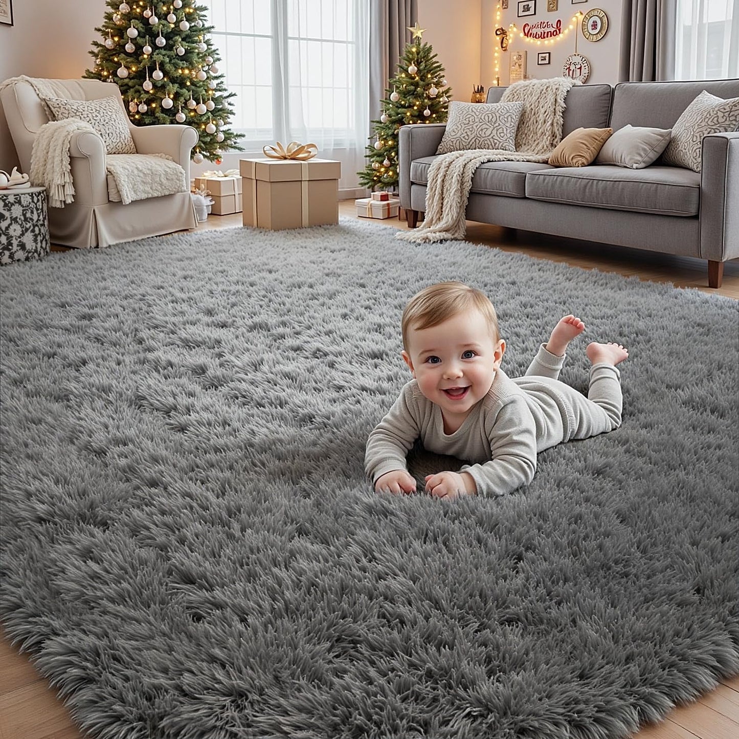 8x10 Fluffy Shag Area Rugs for Living Room Bedroom: Soft Plush Carpet Grey | Upgraded Non-Slip Thick Memory Foam, Ultra Soft, Non-Shedding Fuzzy Carpet, Easy Clean Decor for Kids Room, Nursery, Playroom