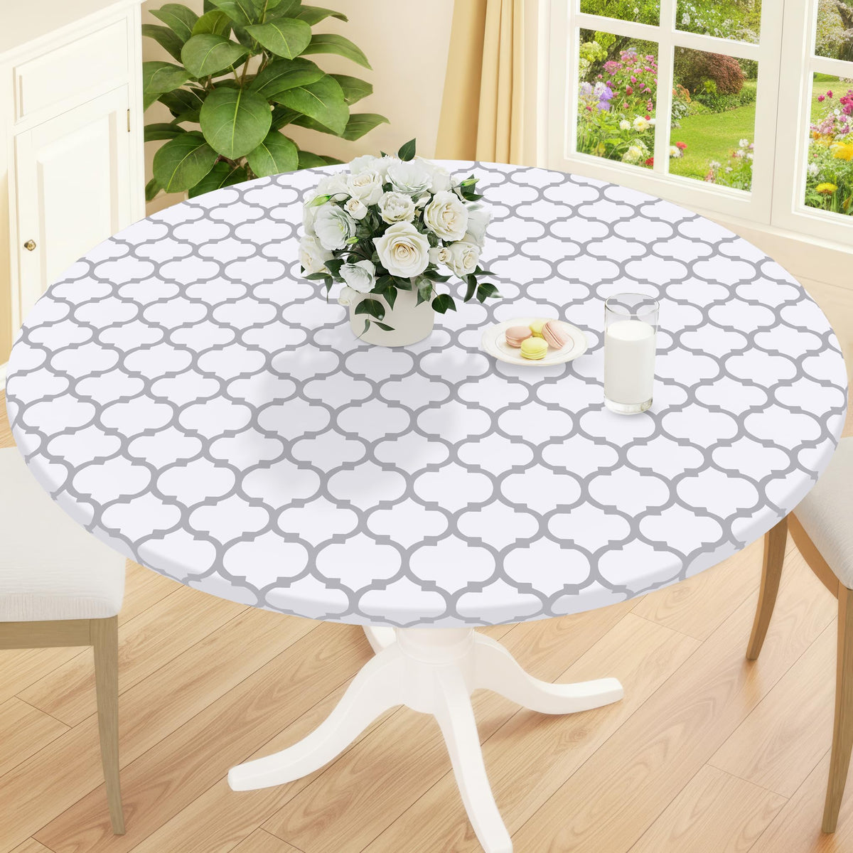 Smiry Round Picnic Tablecloth, Waterproof Elastic Fitted Table Covers for 45" - 56" Tables, Wipeable Flannel Backed Vinyl Tablecloths for Camping, Indoor, Outdoor, Grey & White