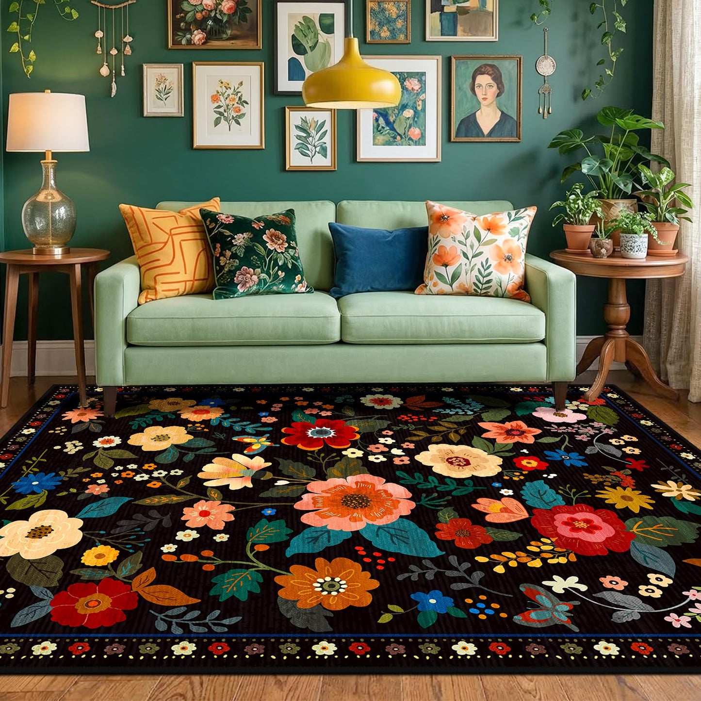 RELEANY Floral Washable 5x7 Area Rugs Beige/White/Orange | Flower Carpet, Print, Boho, Non-Slip, Easy to Clean, Soft, Low Pile for Living Room Bedroom Kitchen Office Entryway Hallway