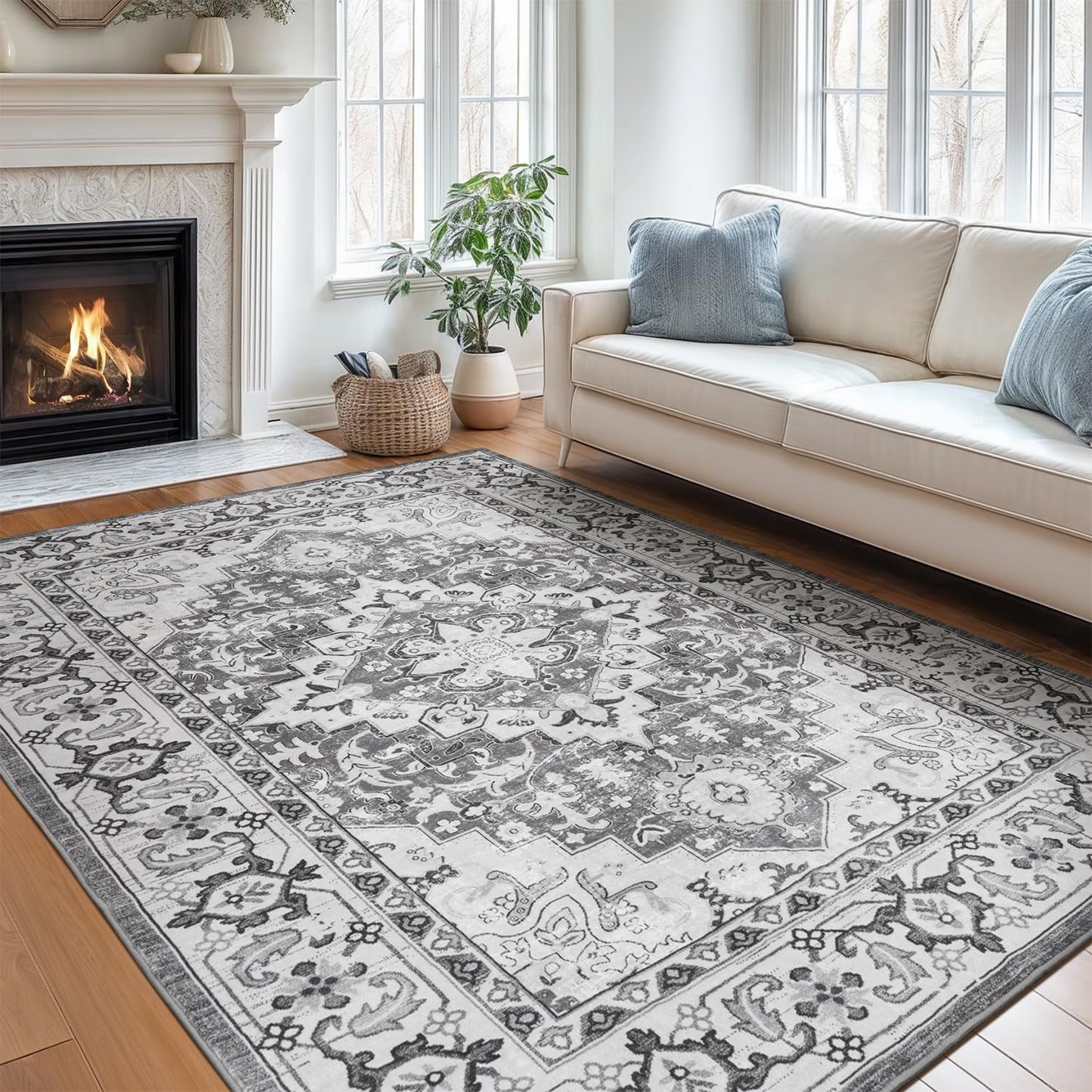 Lofus 5x7 Area Rugs for Living Room Bedroom, Soft Boho Carpet Floral Brown | High-Power Vacuuming, Non-Slip, Low Pile, Stain & Water Repellent, Soft, Skin-Friendly, for Kitchen Entryway Office