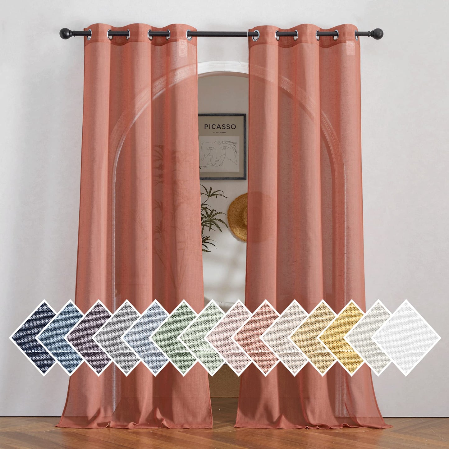 NICETOWN White Sheer Linen Curtains for Living Room 84 inch Length 2 Panels Set, Grommet Semi Sheer Privacy with Light Filtering Flax Window Treatments for Bedroom, W52 x L84