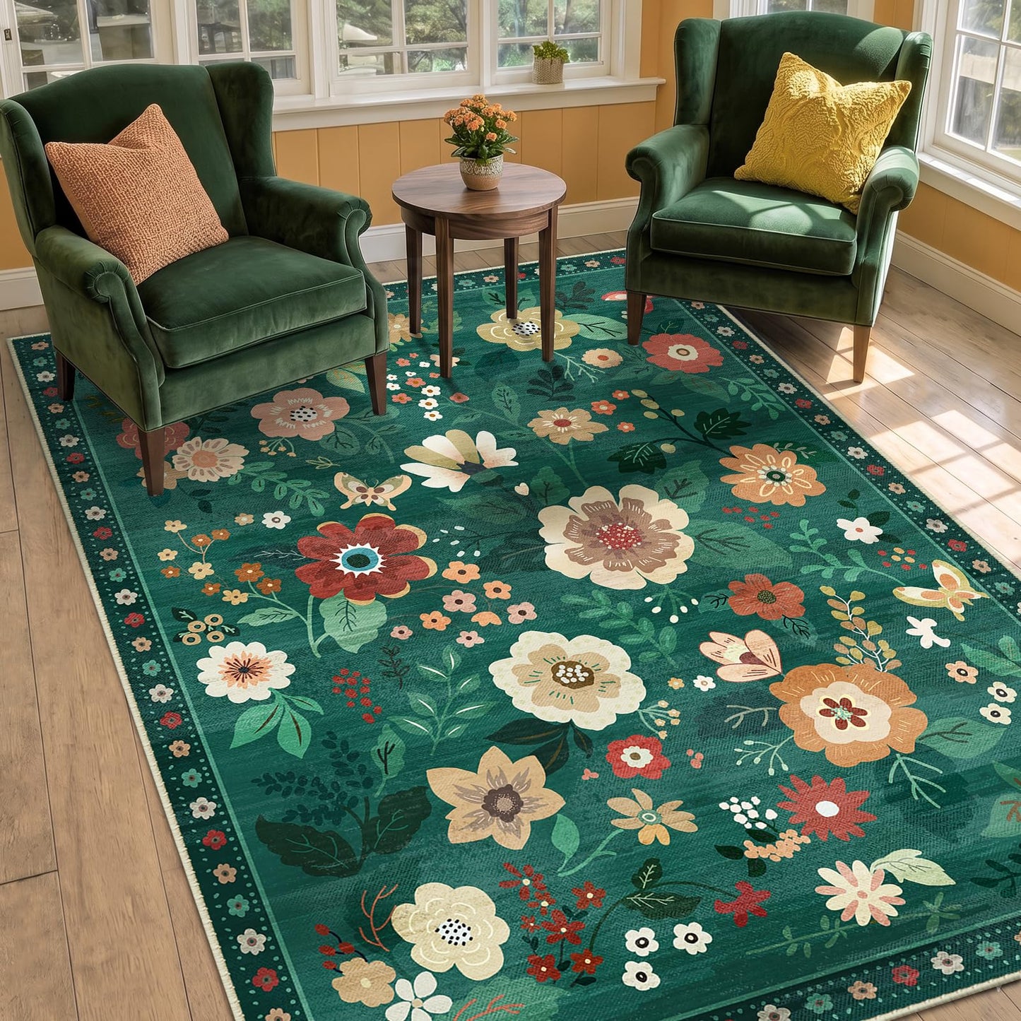 RELEANY Floral Washable 5x7 Area Rugs Beige/White/Orange | Flower Carpet, Print, Boho, Non-Slip, Easy to Clean, Soft, Low Pile for Living Room Bedroom Kitchen Office Entryway Hallway