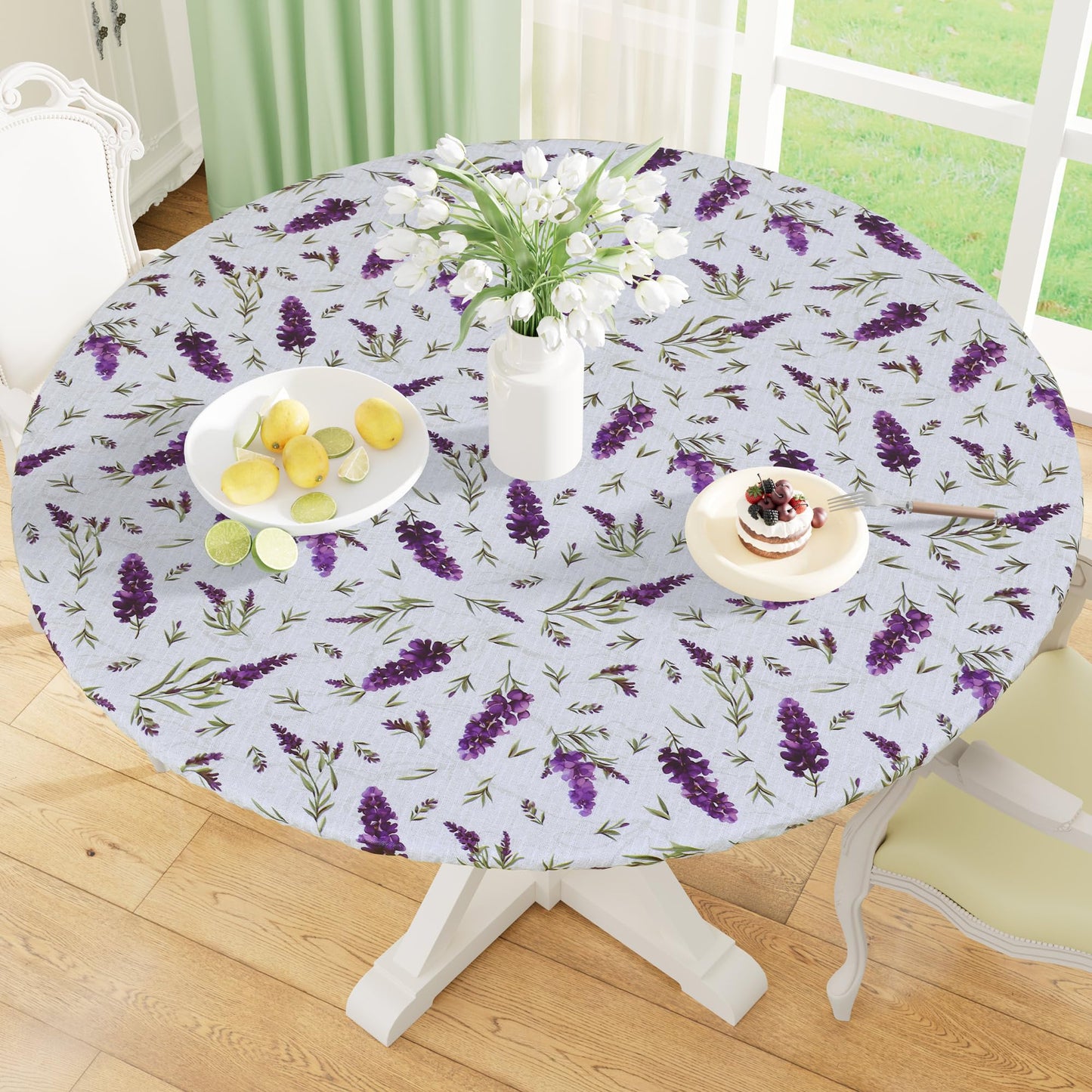 Round Fitted Tablecloth with Elastic Edge, 100% Waterproof Oil Proof Plastic Table Cover, Vinyl Flannel Backed Tablecloth Fits 36"-44" Round Tables for Dinner, Outdoor, Picnic, Oak Wooden Grain