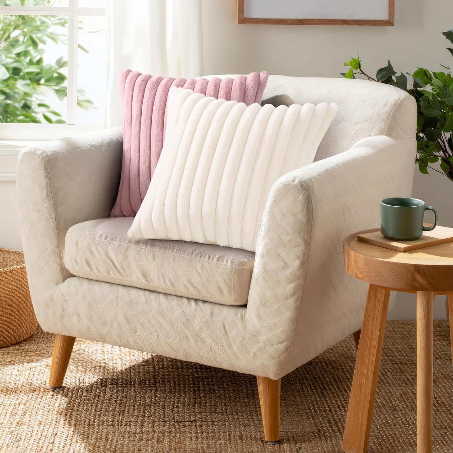 Pallene Faux Fur Decorative Throw Pillow Covers 18x18 Set of 2, Cream White | Luxury Plush Texture, Striped Design, Cozy Soft Touch, Modern Home Accent Decor for Couch, Sofa, Bed, Living Room