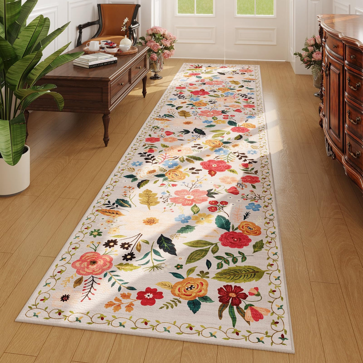 Rugcomf Living Room Rug 5x7 Rug Machine Washable Boho Area Rug Non Slip Floral Vintage Low Pile Large Rugs for Living Room, Bedroom, Farmhouse, Dining Room, Kids Playroom(Black)
