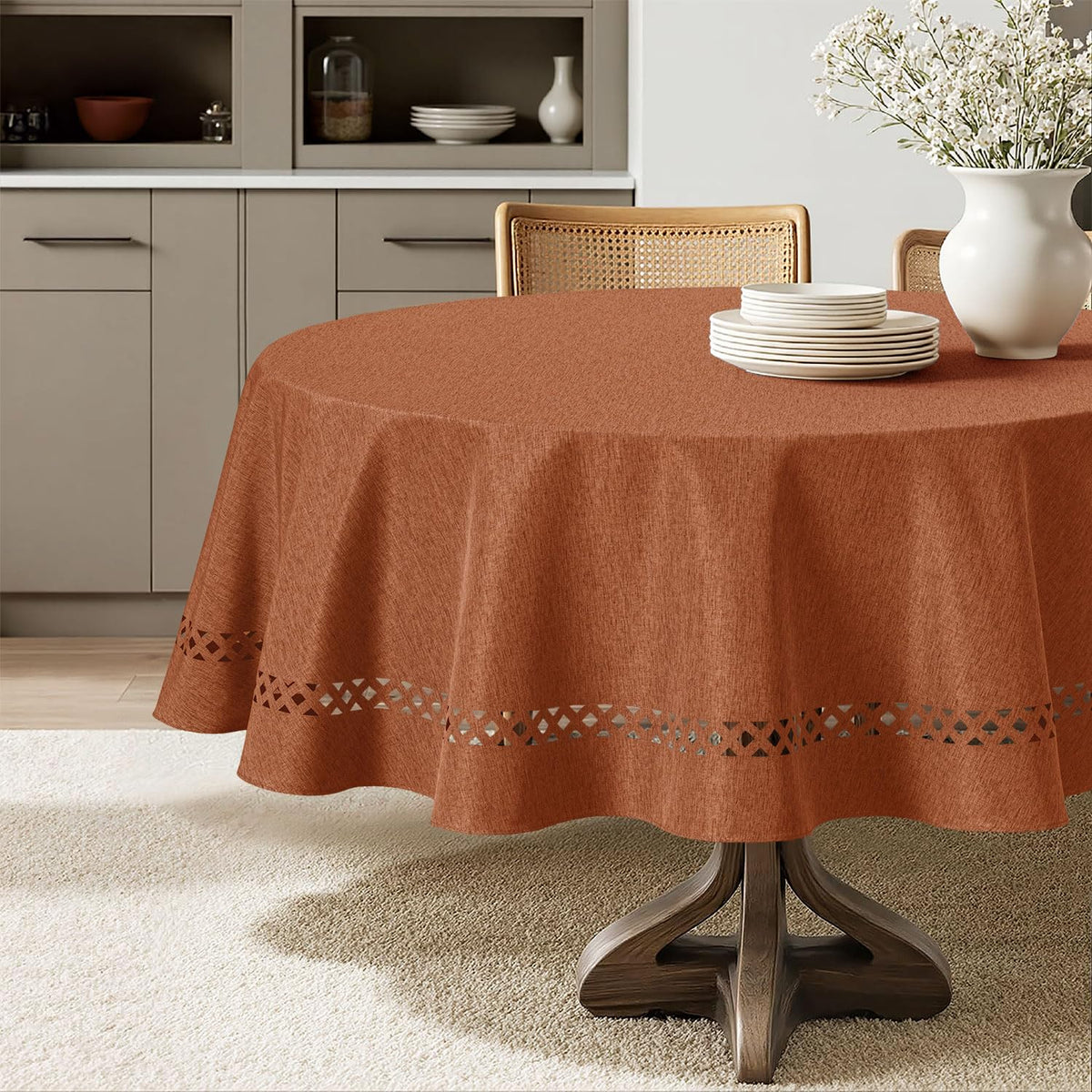 MIULEE Beige Rectangle Tablecloth with Decorative Cutouts 52x70 Inch | Waterproof Stain Resistant & Shrink-Proof Table Cloth, Farmhouse Style, for Dining Wedding Kitchen Party Outdoor