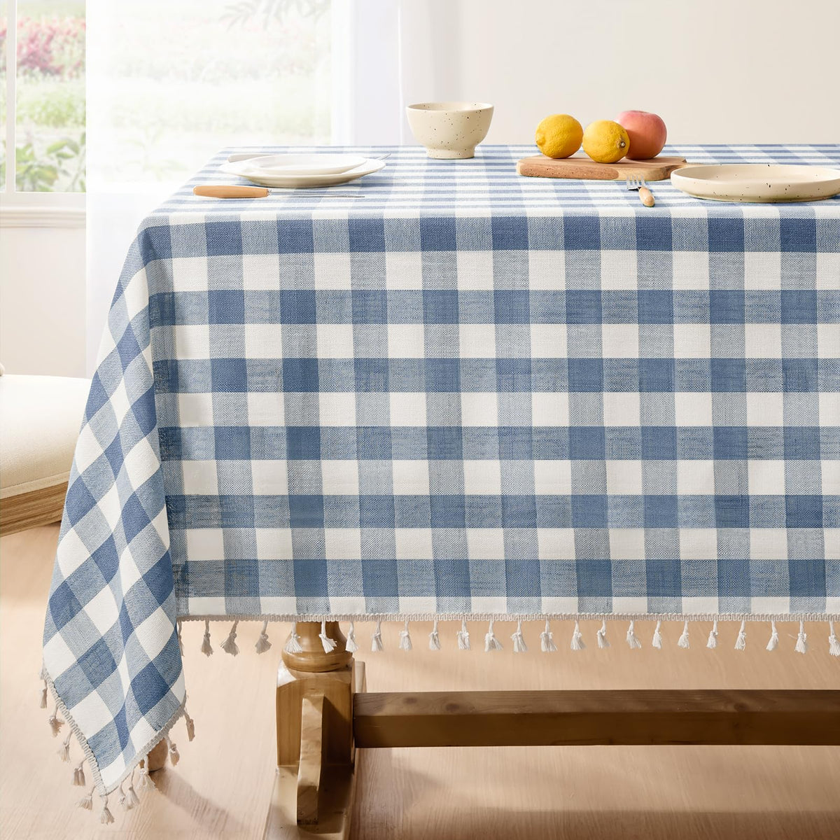 Softalker Outdoor Checkered Tablecloth, Linen Cotton Gingham Table Cloths for 6 Foot Rectangle Tables with Tassel, Heavy Duty Wrinkle Free Plaid Table Cover for Picnic Camping - 55 x 84 Inch, Sage
