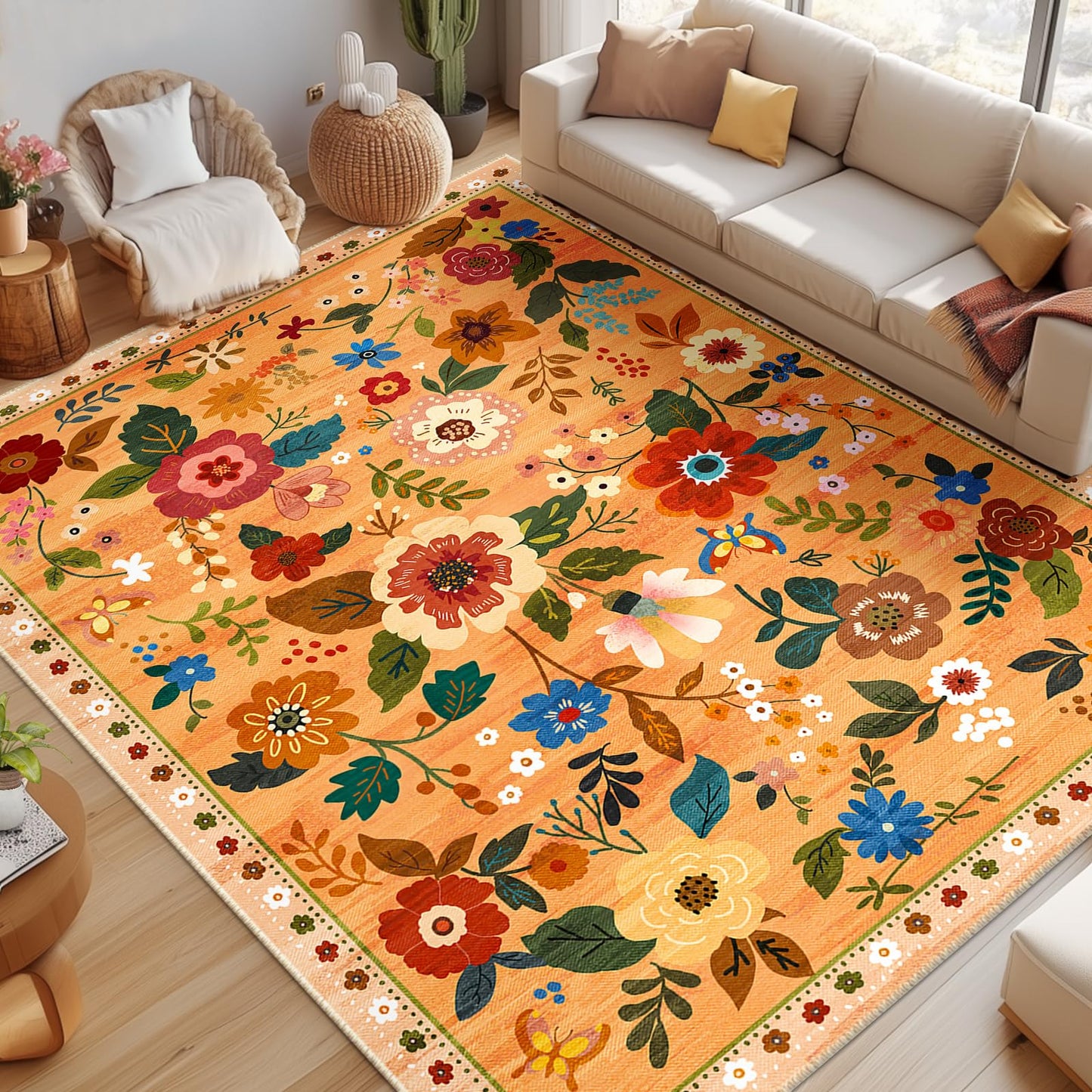 RELEANY Floral Washable 5x7 Area Rugs Beige/White/Orange | Flower Carpet, Print, Boho, Non-Slip, Easy to Clean, Soft, Low Pile for Living Room Bedroom Kitchen Office Entryway Hallway