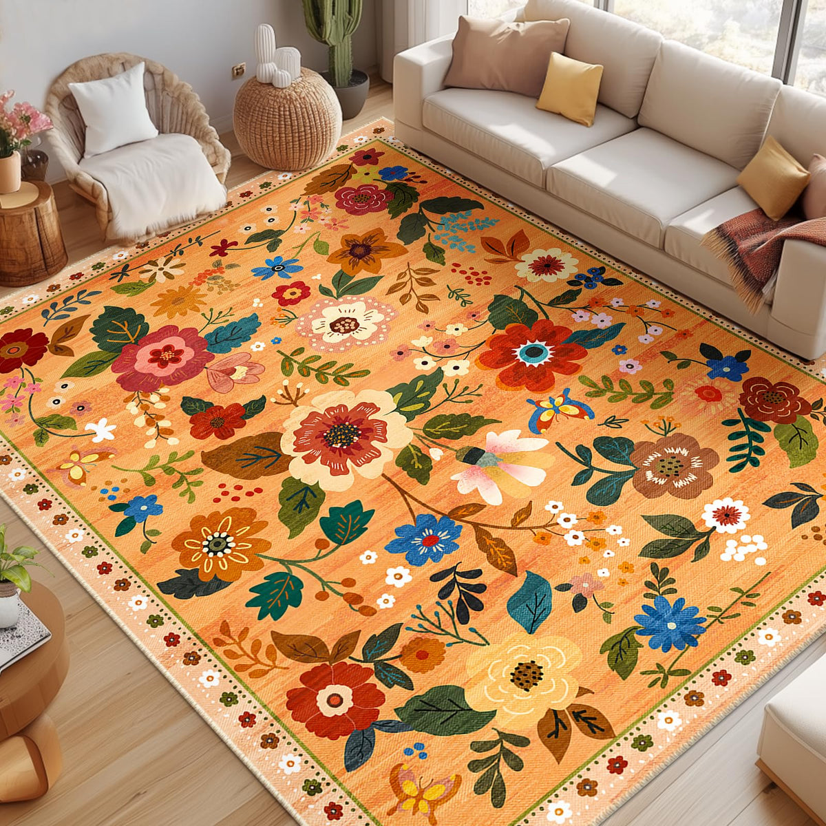 RELEANY Floral Washable 5x7 Area Rugs Black | Flower Carpet, Print, Boho, Non-Slip, Easy to Clean, Soft, Low Pile for Living Room Bedroom Kitchen Office Entryway Hallway