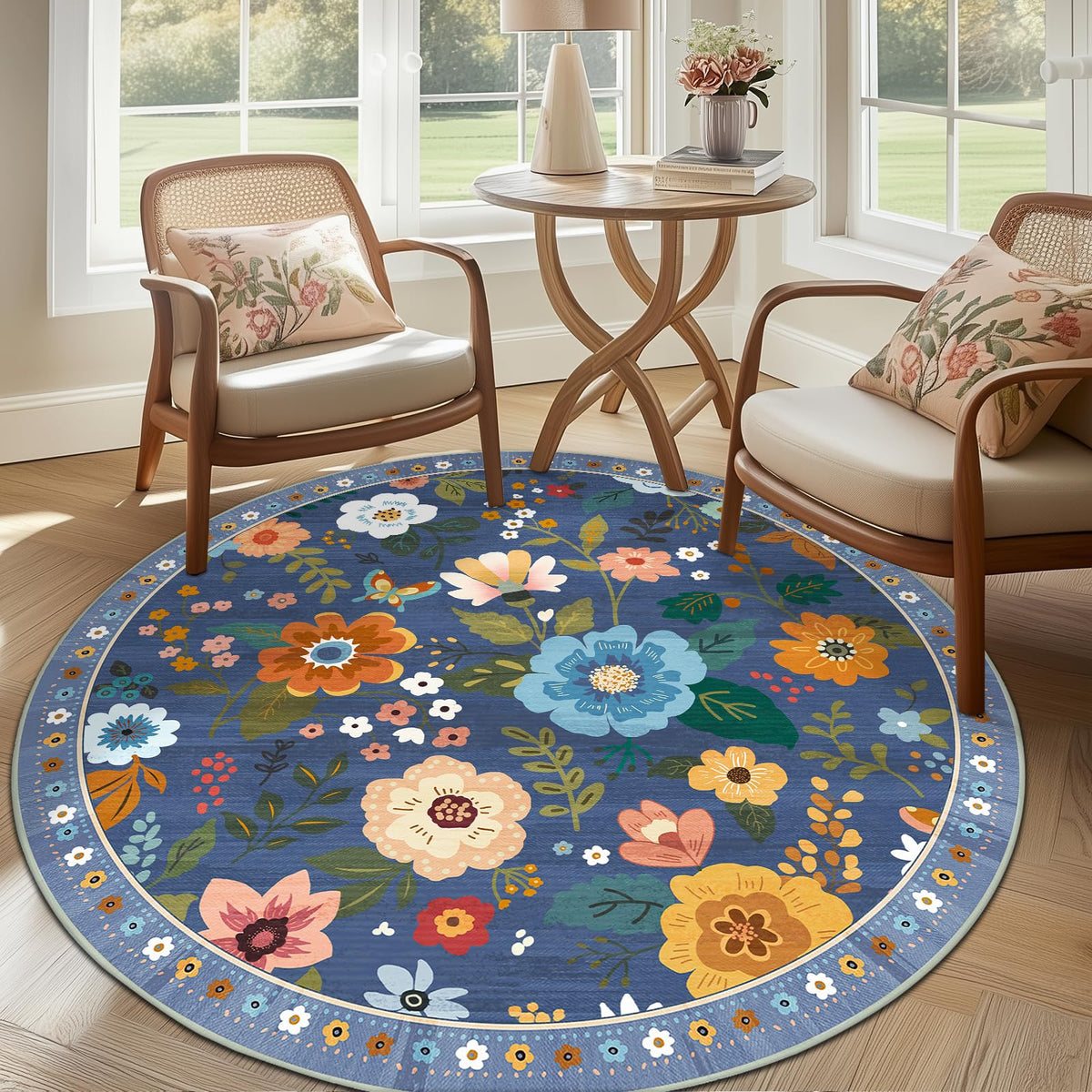 RELEANY Floral Washable 5x7 Area Rugs Beige/White/Orange | Flower Carpet, Print, Boho, Non-Slip, Easy to Clean, Soft, Low Pile for Living Room Bedroom Kitchen Office Entryway Hallway