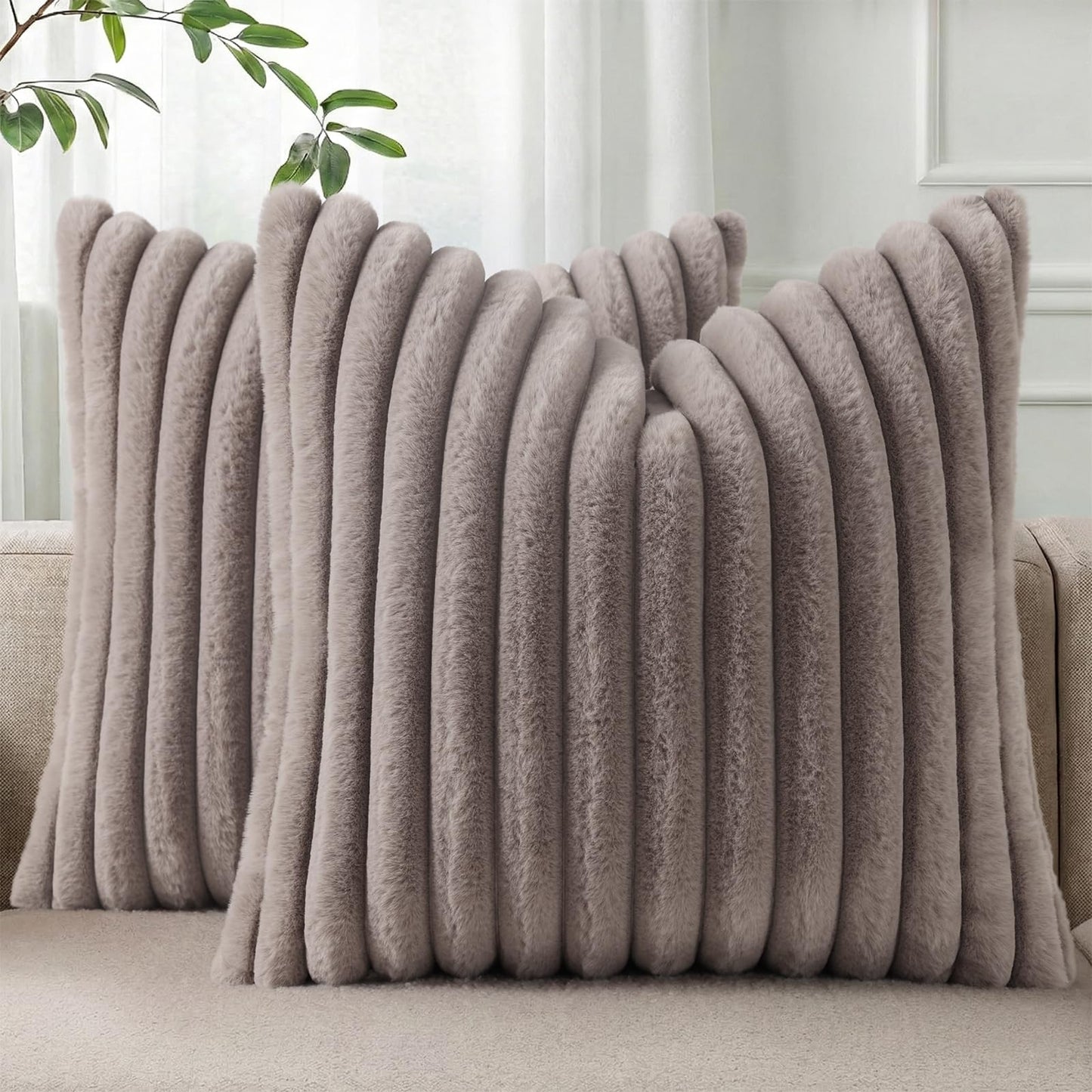 Pallene Faux Fur Decorative Throw Pillow Covers 18x18 Set of 2, Cream White | Luxury Plush Texture, Striped Design, Cozy Soft Touch, Modern Home Accent Decor for Couch, Sofa, Bed, Living Room