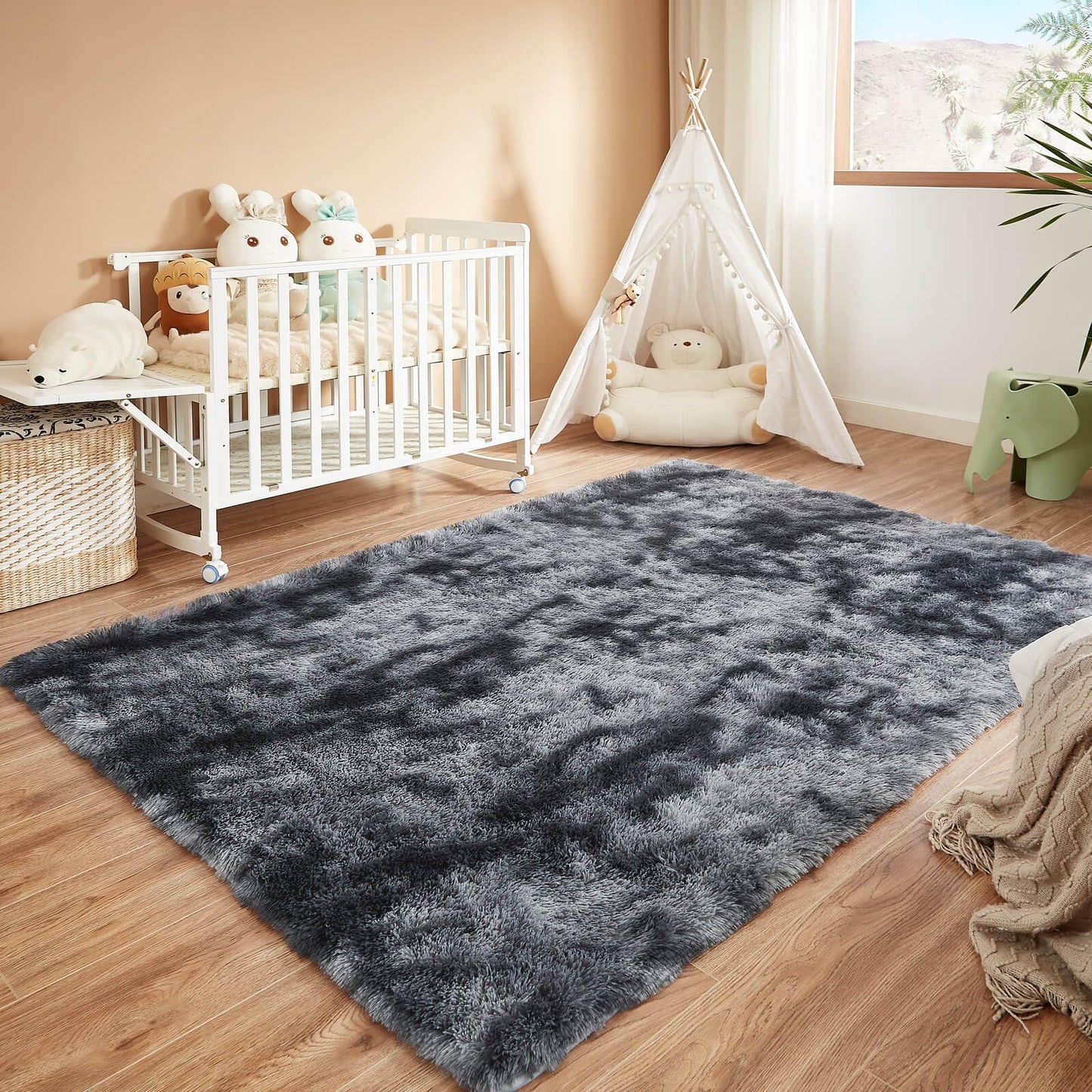 Floralux Rugs for Living Room, 6x9 Large Shag Area Rug, Tie-Dyed Light Grey Soft Fluffy Carpets for Bedroom