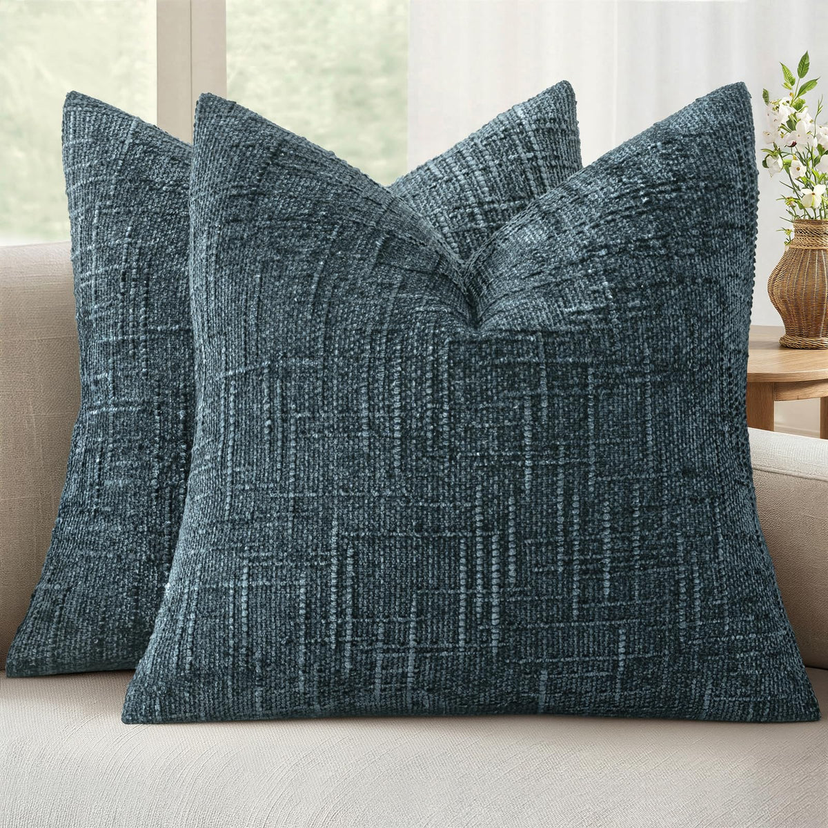 MIULEE Chenille Textured Throw Pillow Covers Cream White 18x18 Set of 2 | Slubby Decorative Pillows, Boho Farmhouse Home Decor, Modern Neutral Cushion Covers for Couch Sofa Bed Living Room
