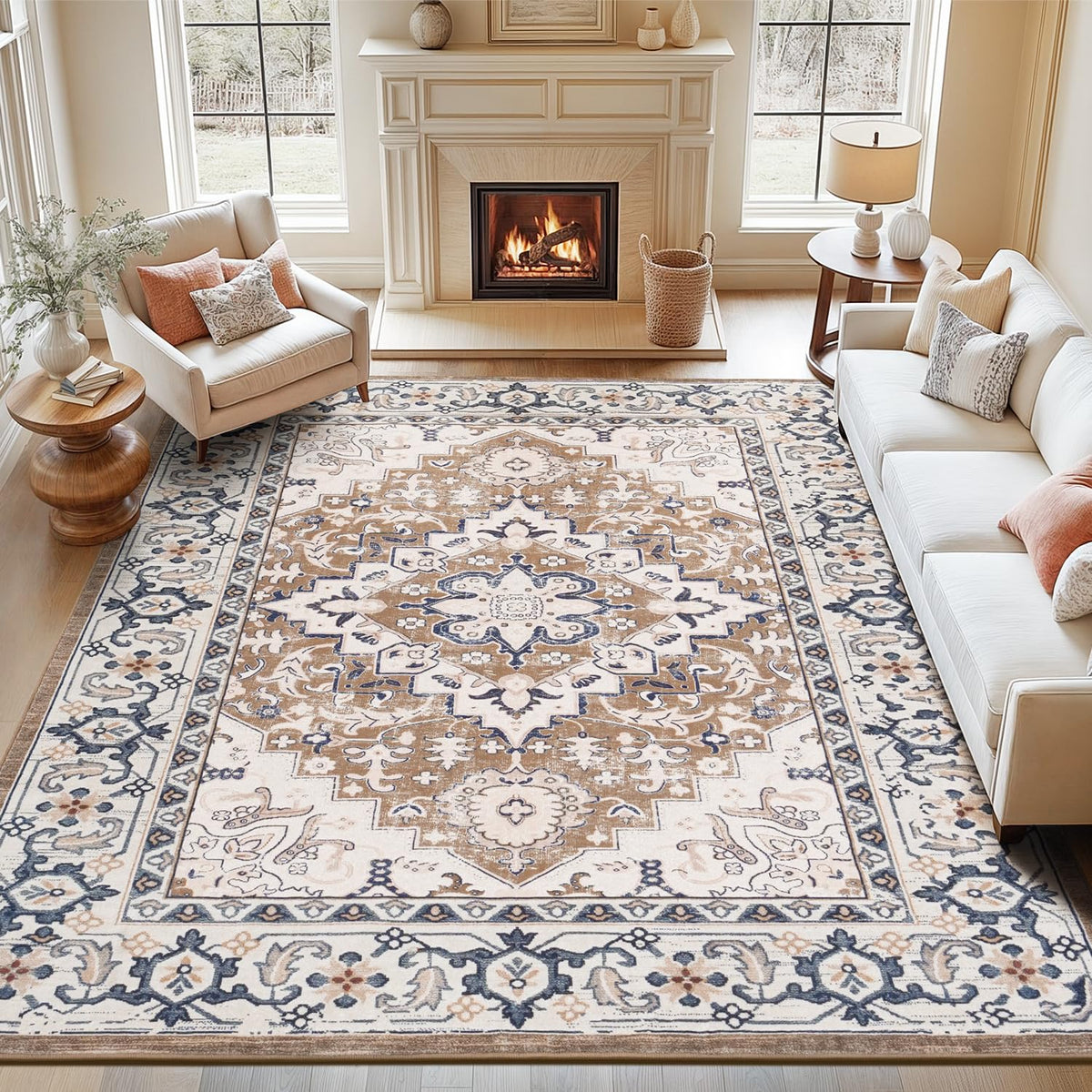 Lofus 5x7 Area Rugs for Living Room Bedroom, Soft Boho Carpet Floral Brown | High-Power Vacuuming, Non-Slip, Low Pile, Stain & Water Repellent, Soft, Skin-Friendly, for Kitchen Entryway Office