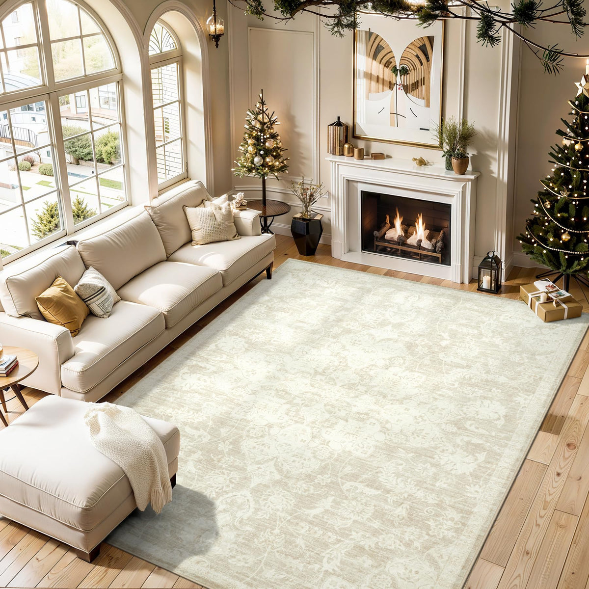 Tosuoka Area Rugs 9x12 Living Room Rug, Vintage Washable Rug Light Beige | Super Soft Bedroom Rug, Non-Slip Backing, Stain Resistant, Low-Pile, Large, Indoor Carpet for Dining Room Nursery Home Office